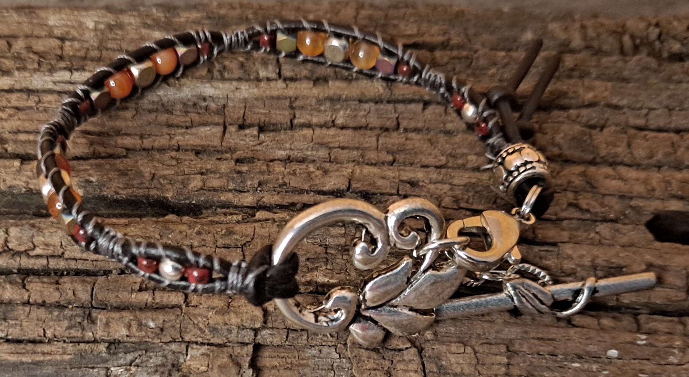 Bracelet Handmade, Single Wrap Leather Bracelet, Carnelian Beads (D24)