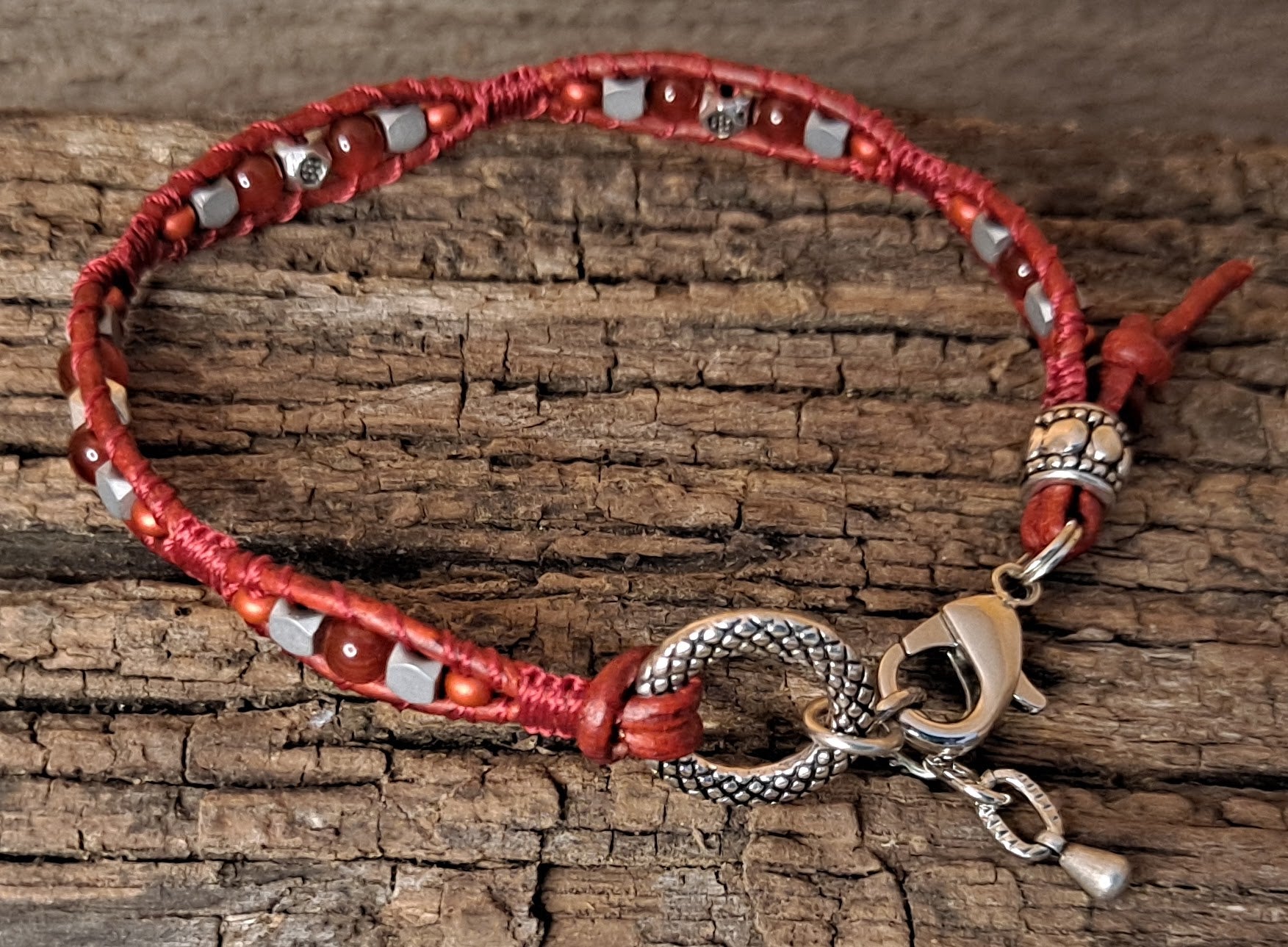 Bracelet Handmade, Single Wrap Leather Bracelet, Carnelian Beads (D38)