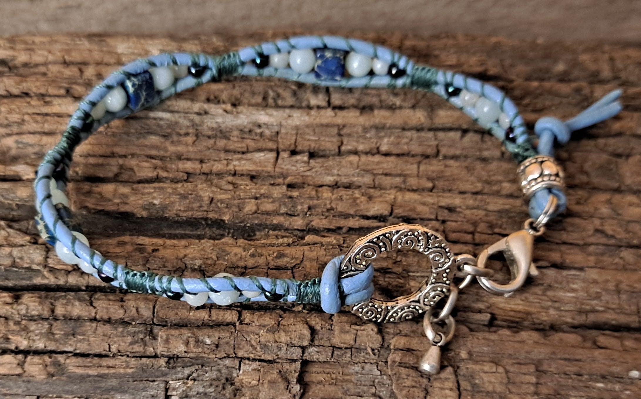 Bracelet Handmade, Single Wrap Leather Bracelet, Amazonite Beads (J75)