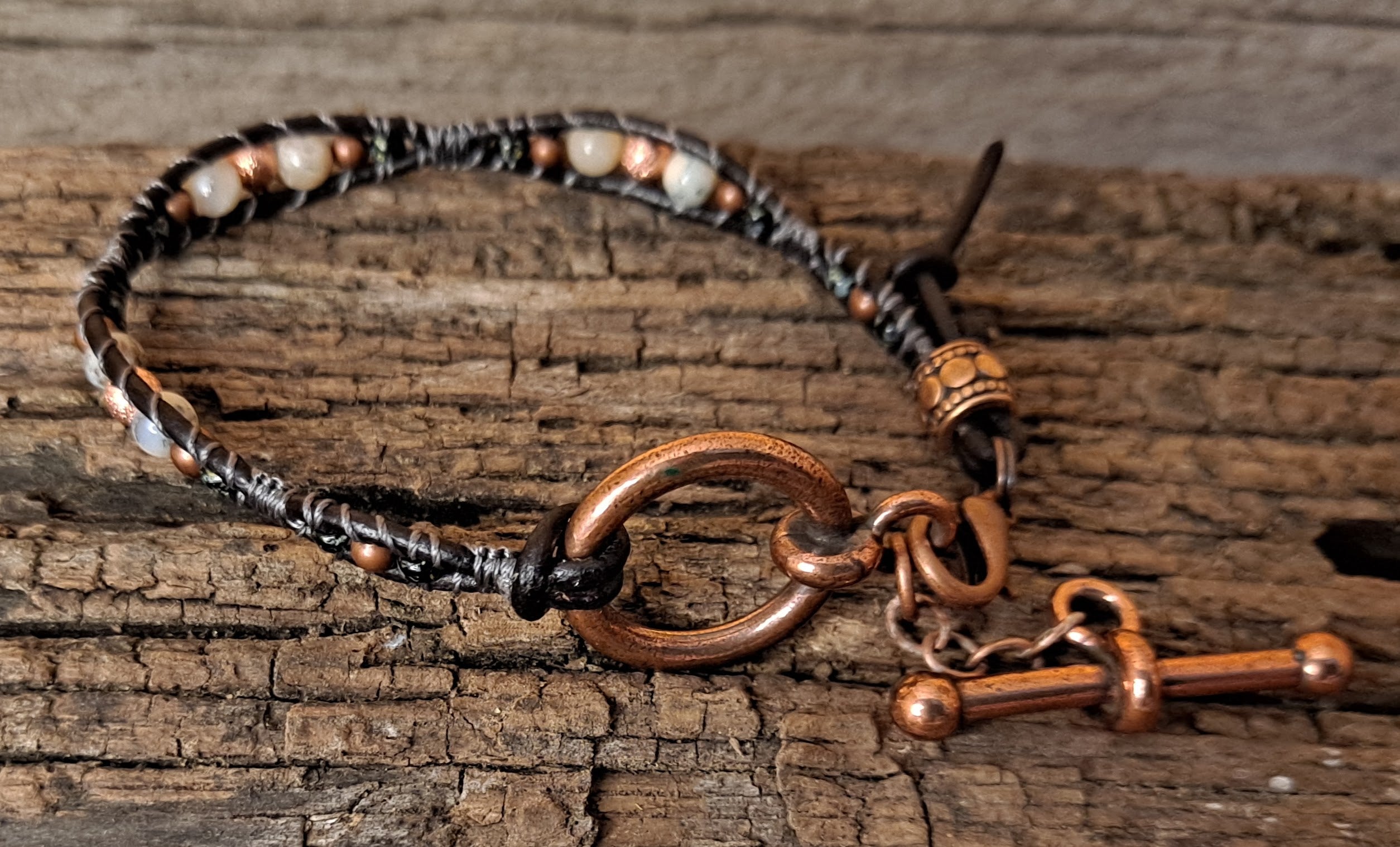 Bracelet Handmade, Single Wrap Leather Bracelet, Opal Beads (J52)