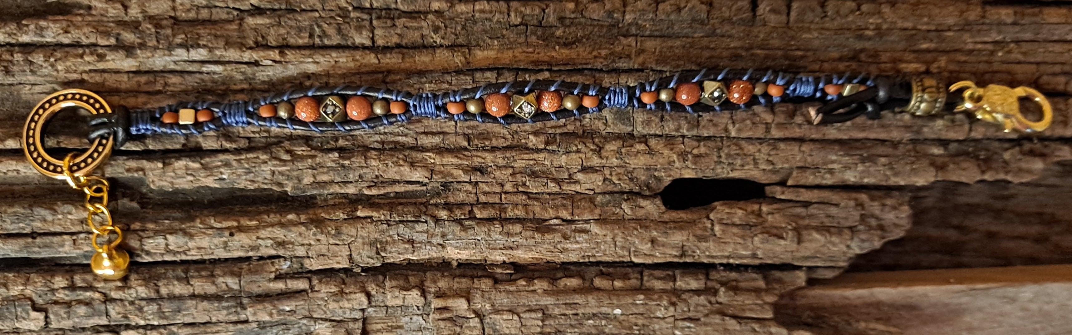 Bracelet Handmade, Single Wrap Leather Bracelet, Goldstone Beads (J12)