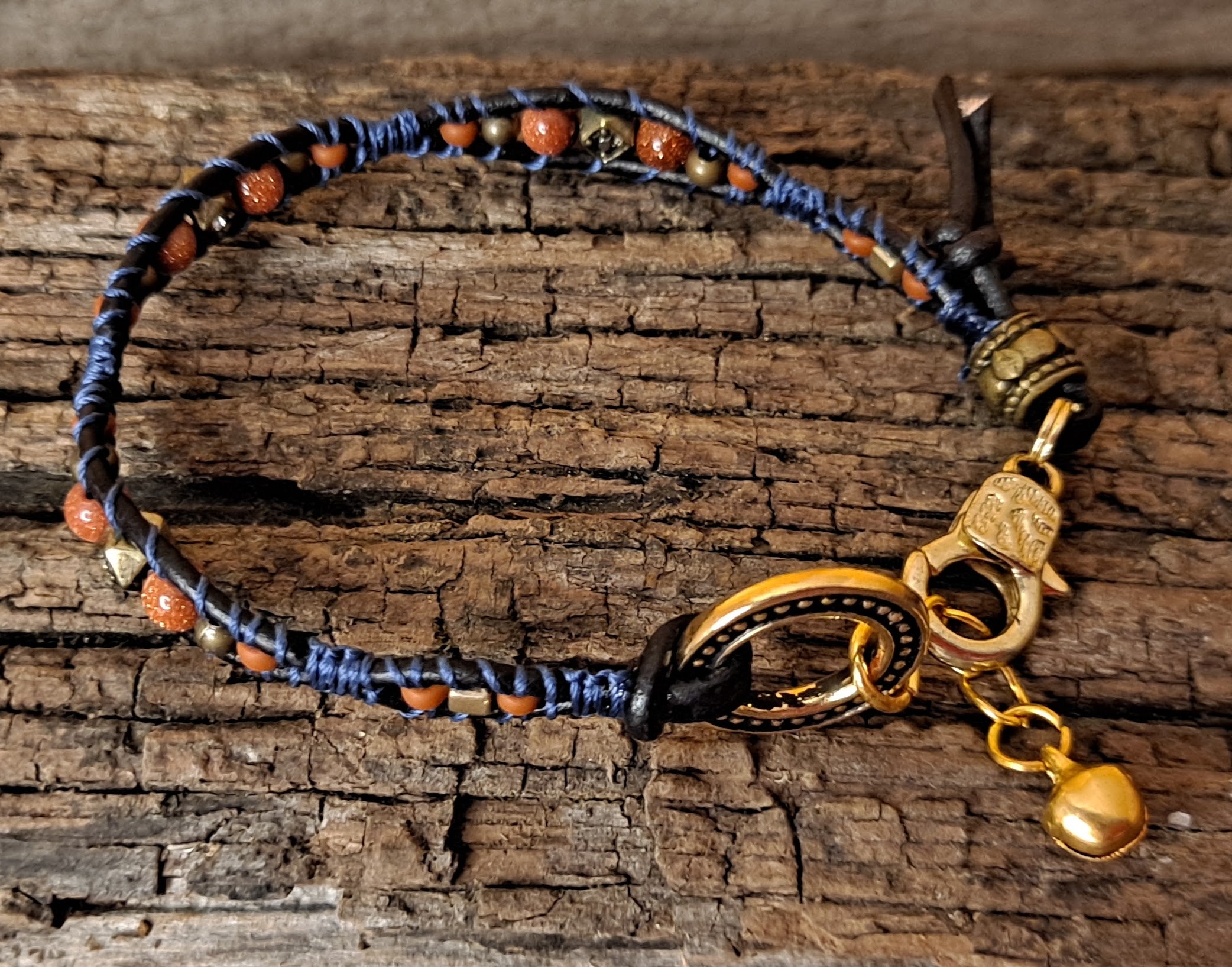 Bracelet Handmade, Single Wrap Leather Bracelet, Goldstone Beads (J12)
