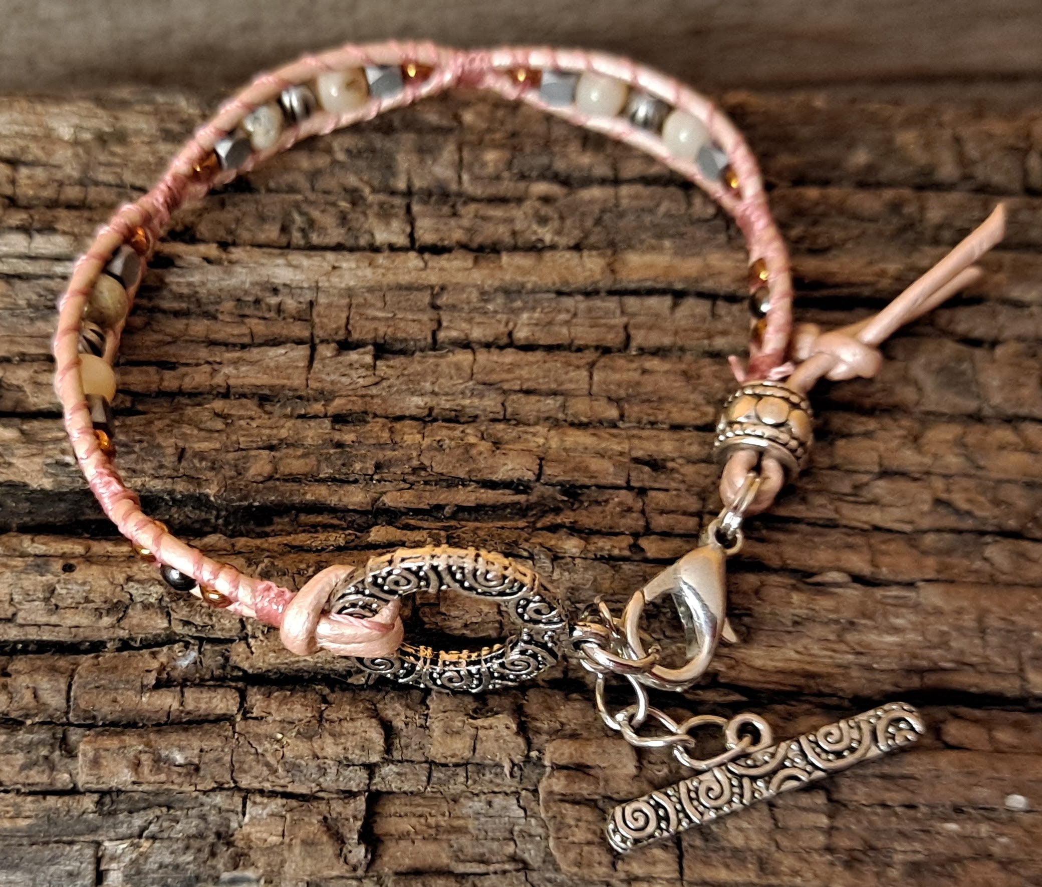 Bracelet Handmade, Single Wrap Leather Bracelet, Opal Beads (J50)