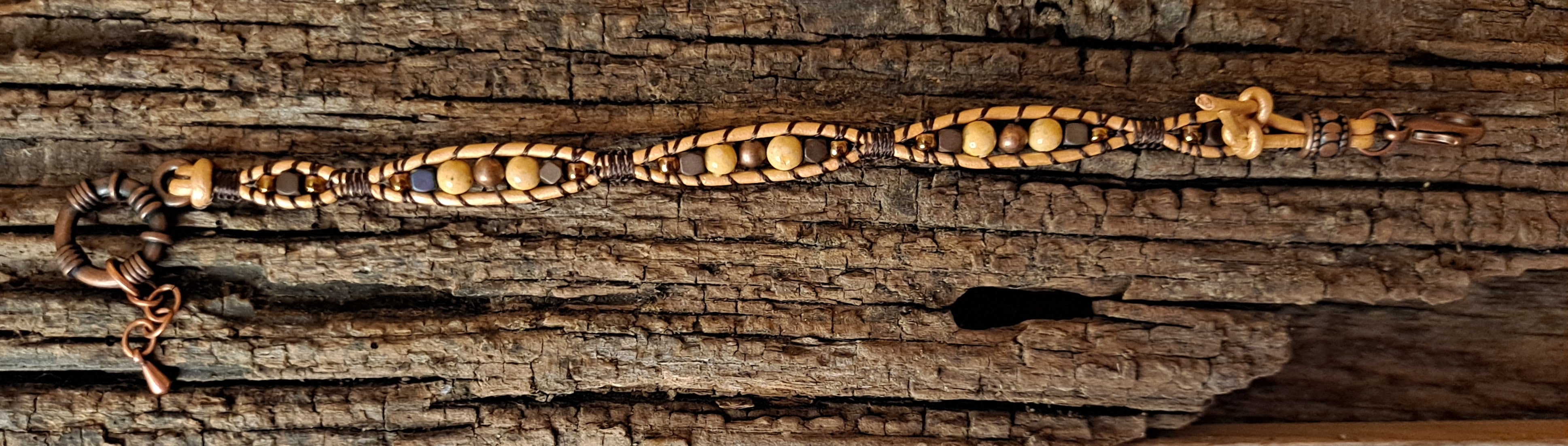 Bracelet Handmade, Single Wrap Leather Bracelet, Riverstone Beads (G1)