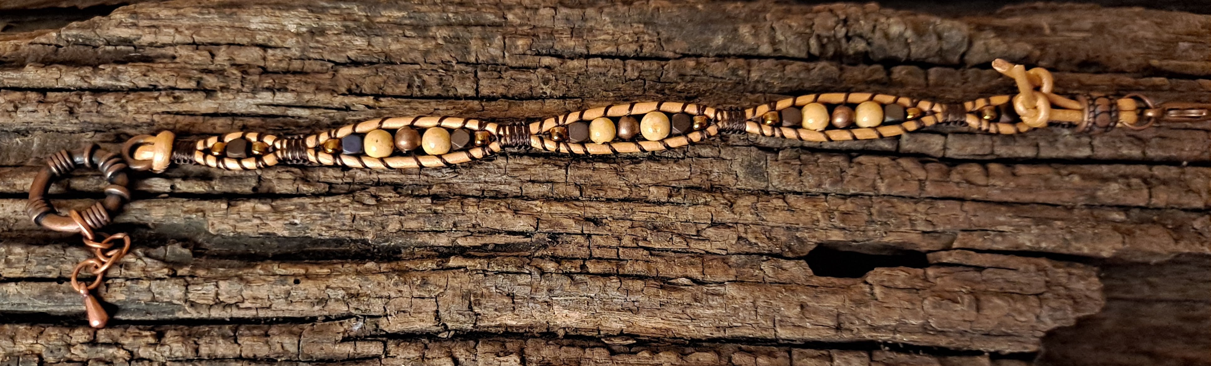 Bracelet Handmade, Single Wrap Leather Bracelet, Riverstone Beads (G1)