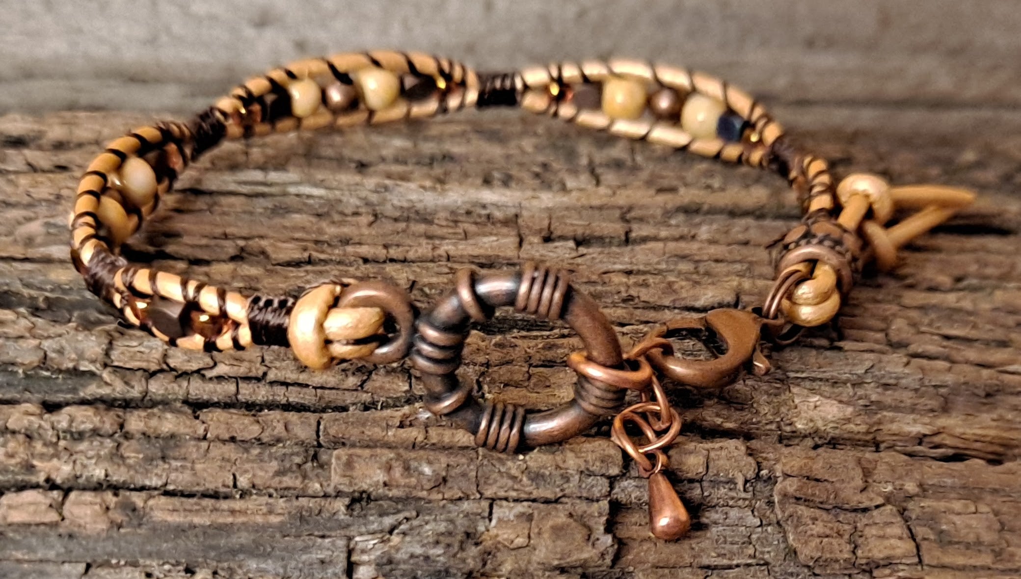 Bracelet Handmade, Single Wrap Leather Bracelet, Riverstone Beads (G1)