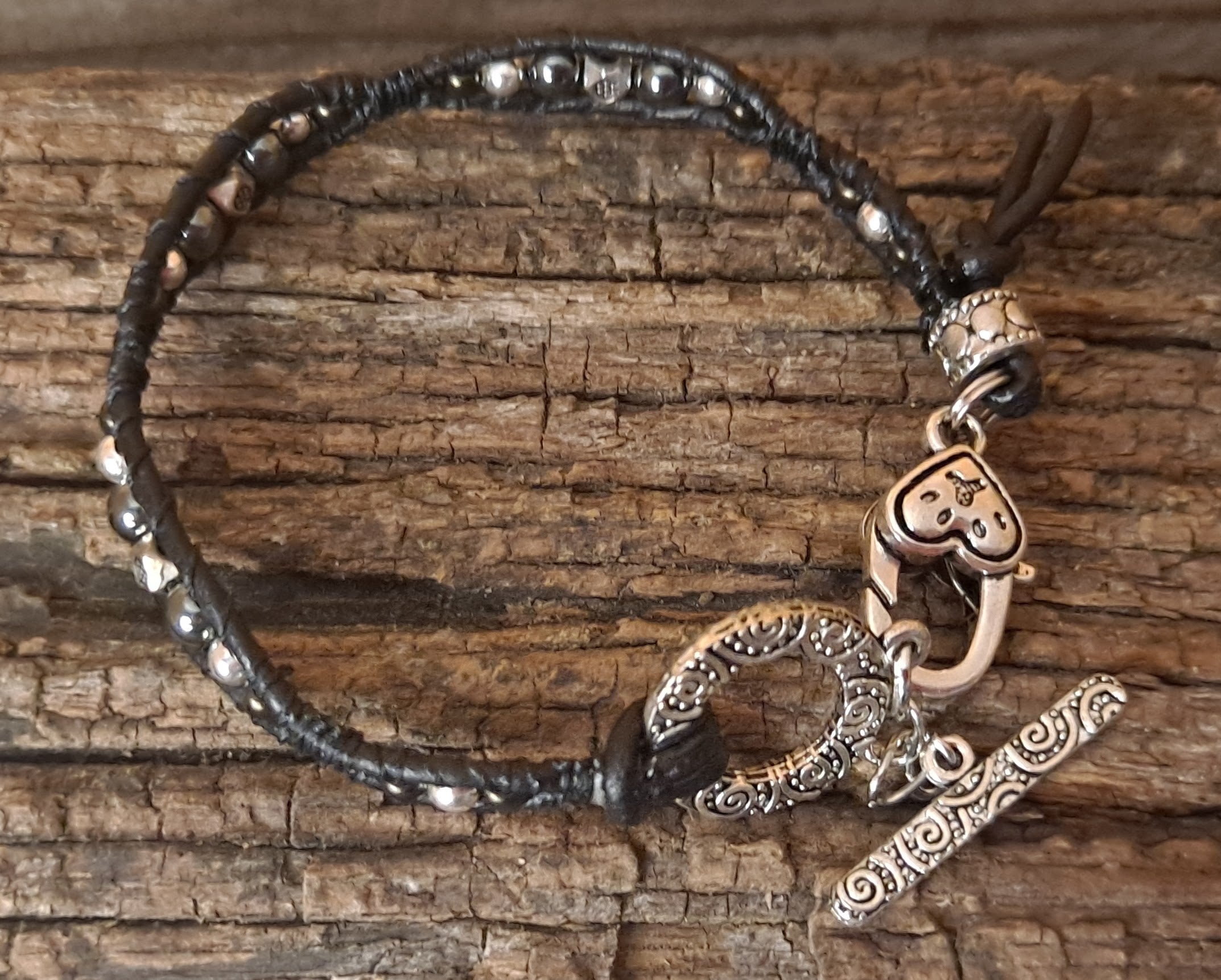 Bracelet Handmade, Single Wrap Leather Bracelet, Hematite Beads (J17)