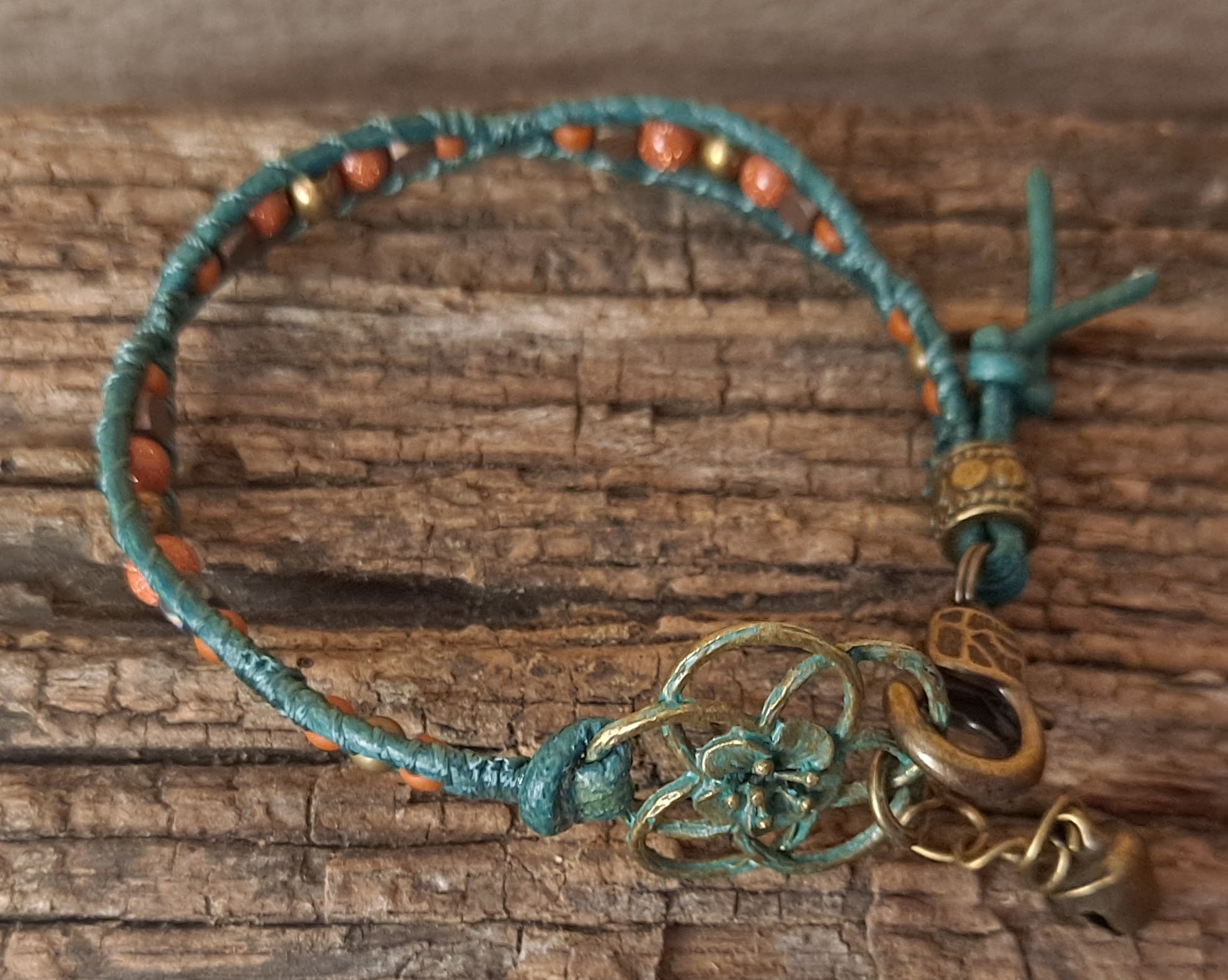 Bracelet Handmade, Single Wrap Leather Bracelet, Goldstone Beads (J15)