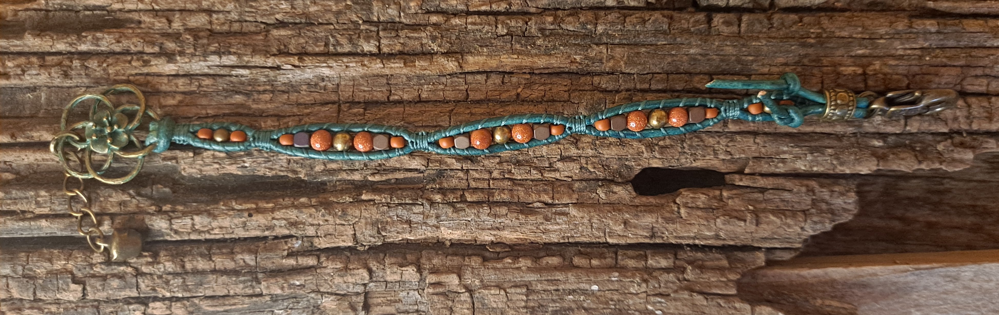 Bracelet Handmade, Single Wrap Leather Bracelet, Goldstone Beads (J15)