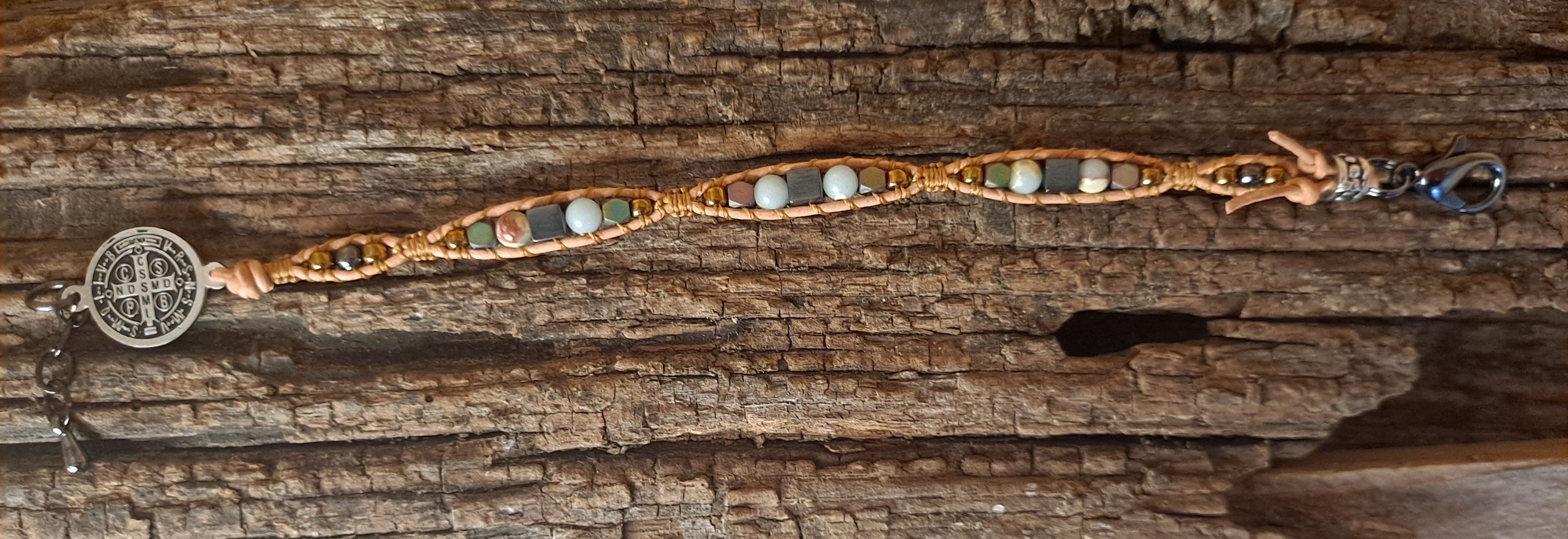 Bracelet Handmade, Single Wrap Leather Bracelet, Jasper Beads (J41)