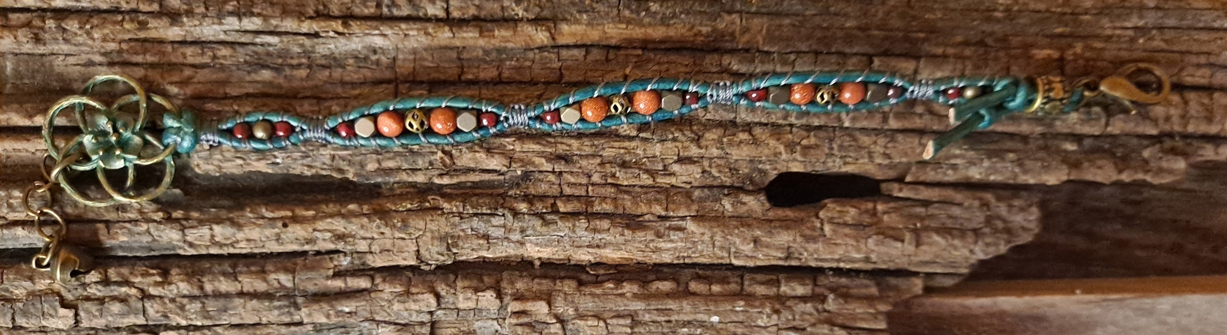 Bracelet Handmade, Single Wrap Leather Bracelet, Goldstone Beads (J10)