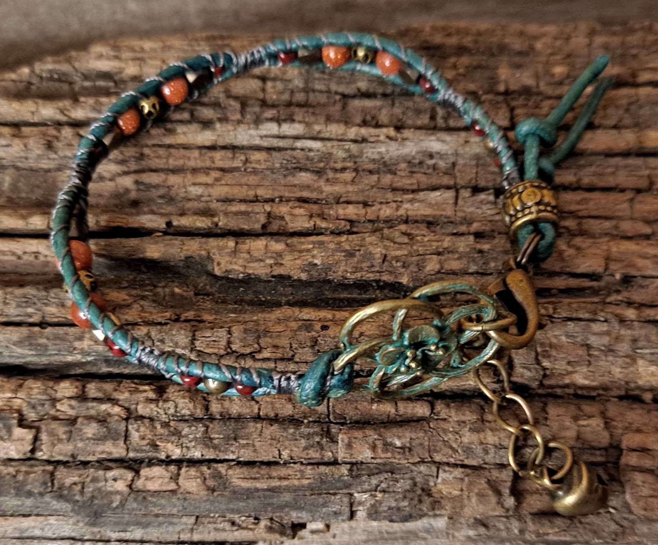 Bracelet Handmade, Single Wrap Leather Bracelet, Goldstone Beads (J10)