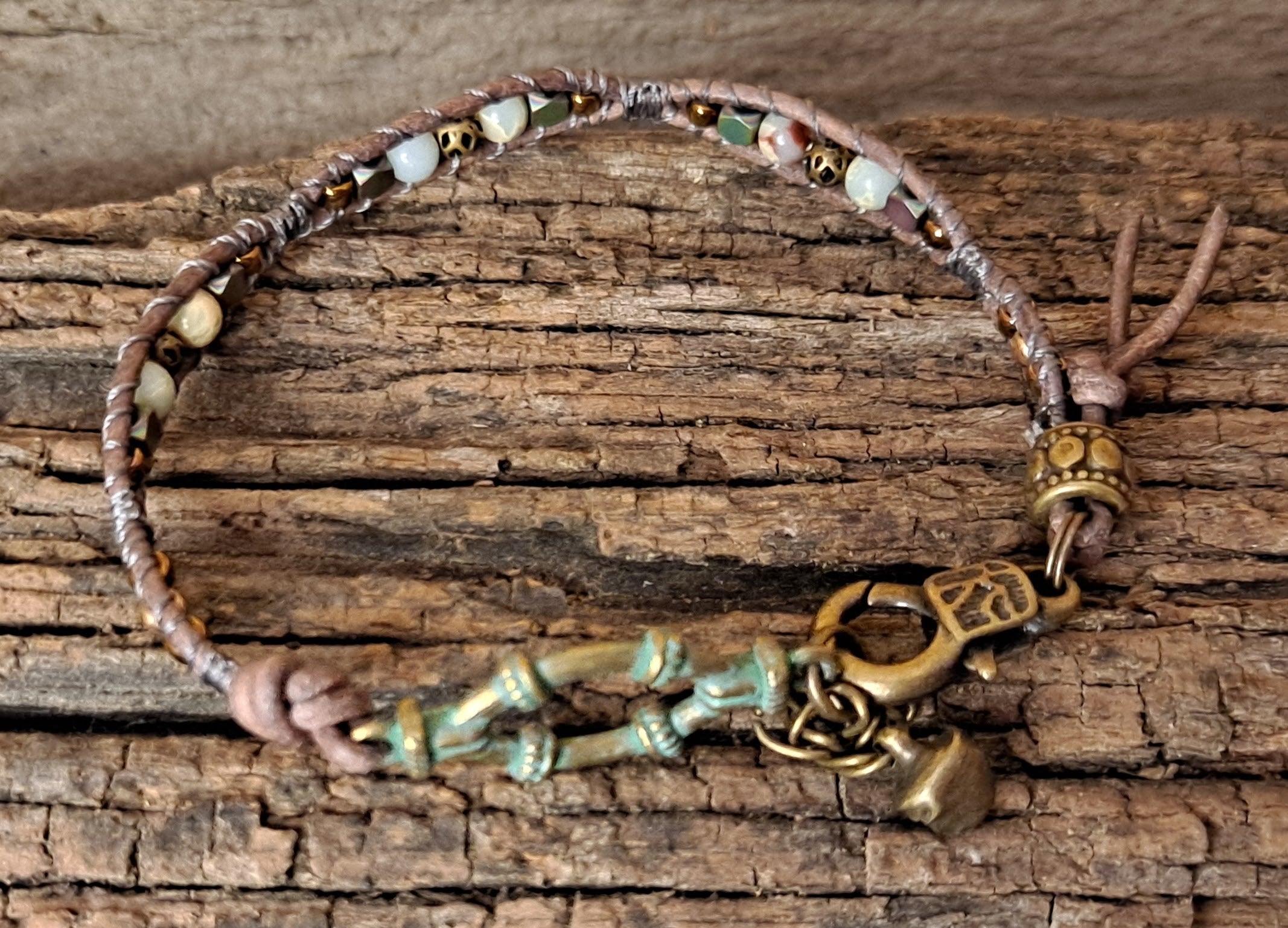 Bracelet Handmade, Single Wrap Leather Bracelet, Jasper Beads (E50)