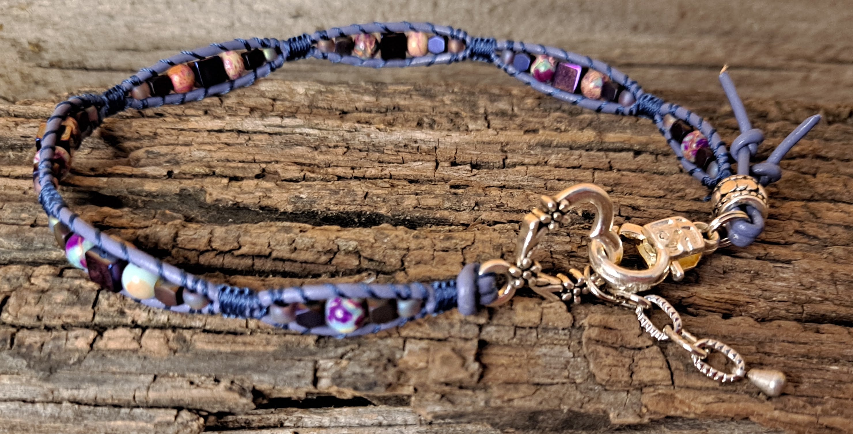 Anklet Handmade, Single Wrap Leather Anklet, Jasper Beads (G25)