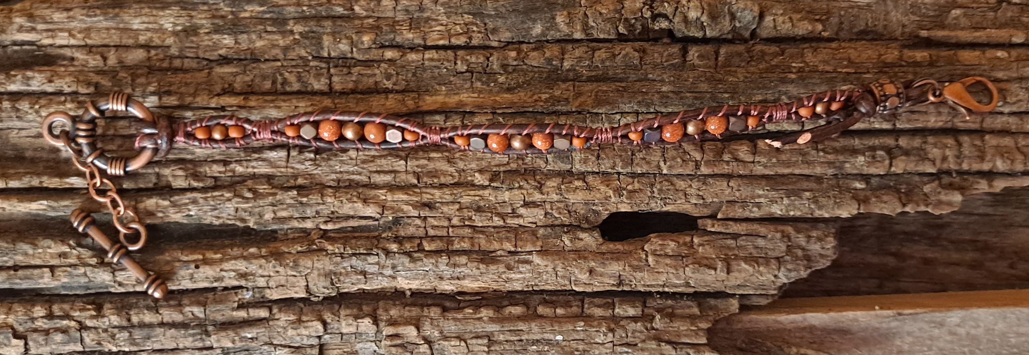 Bracelet Handmade, Single Wrap Leather Bracelet, Goldstone Beads (J14)