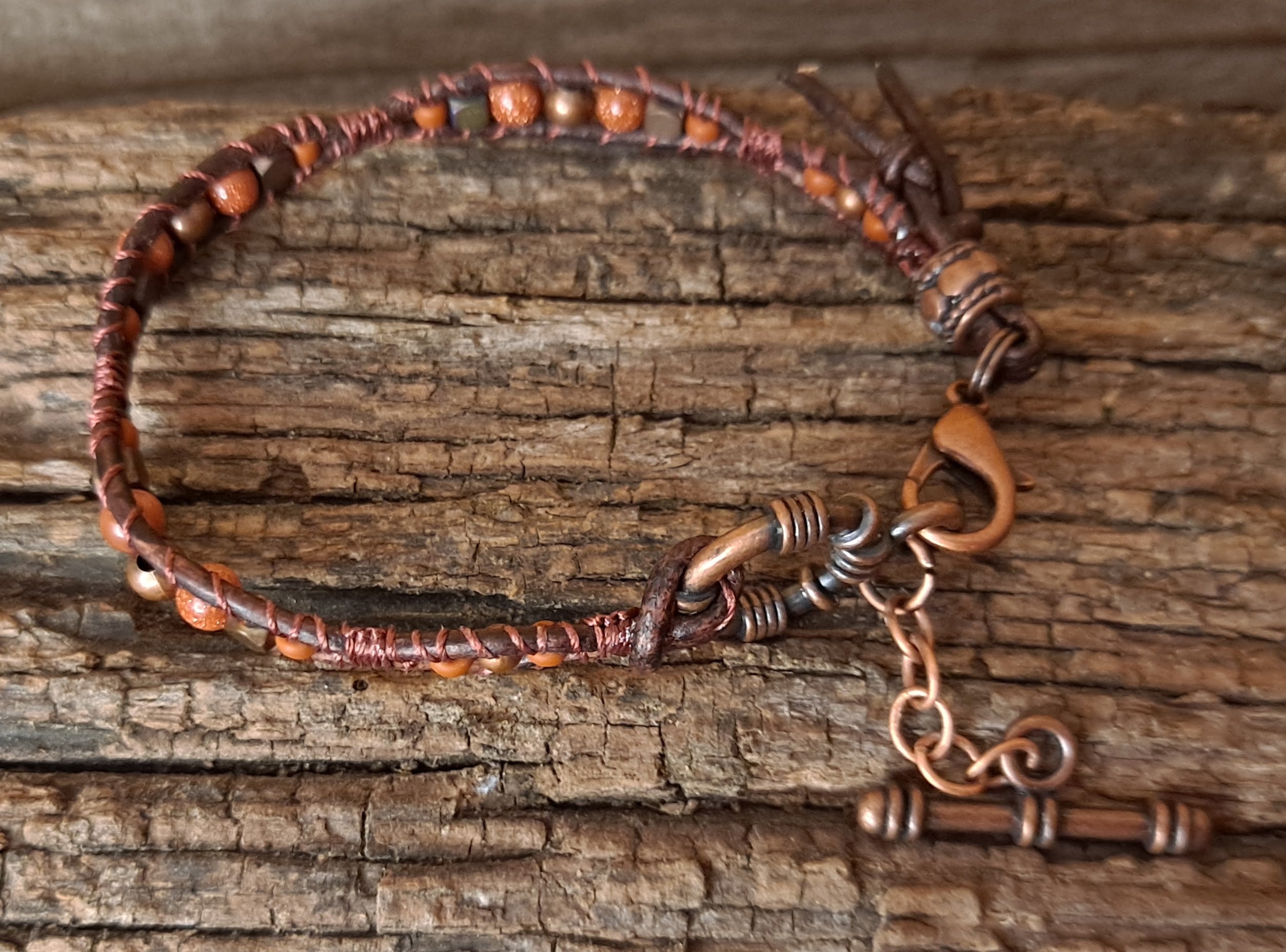 Bracelet Handmade, Single Wrap Leather Bracelet, Goldstone Beads (J14)