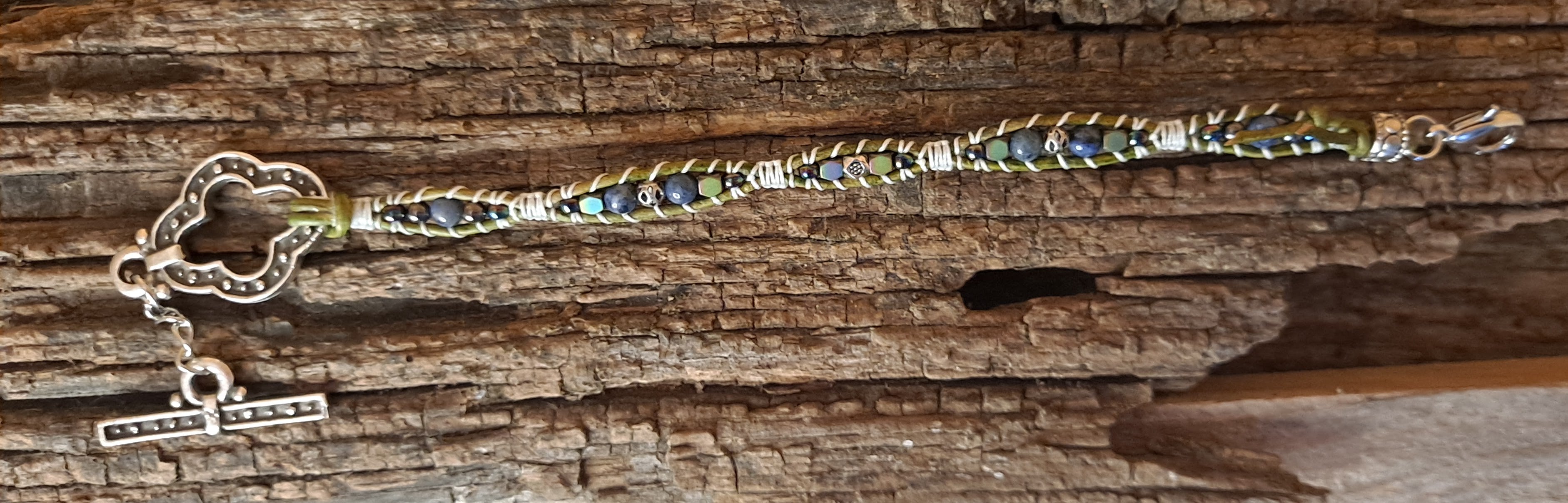 Bracelet Handmade, Single Wrap Leather Bracelet, Dumortierite Beads (J29)