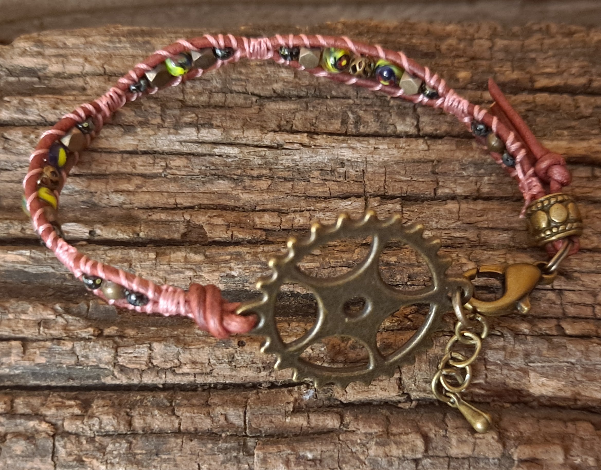Bracelet Handmade, Single Wrap Leather Bracelet, Glass Beads (J58)