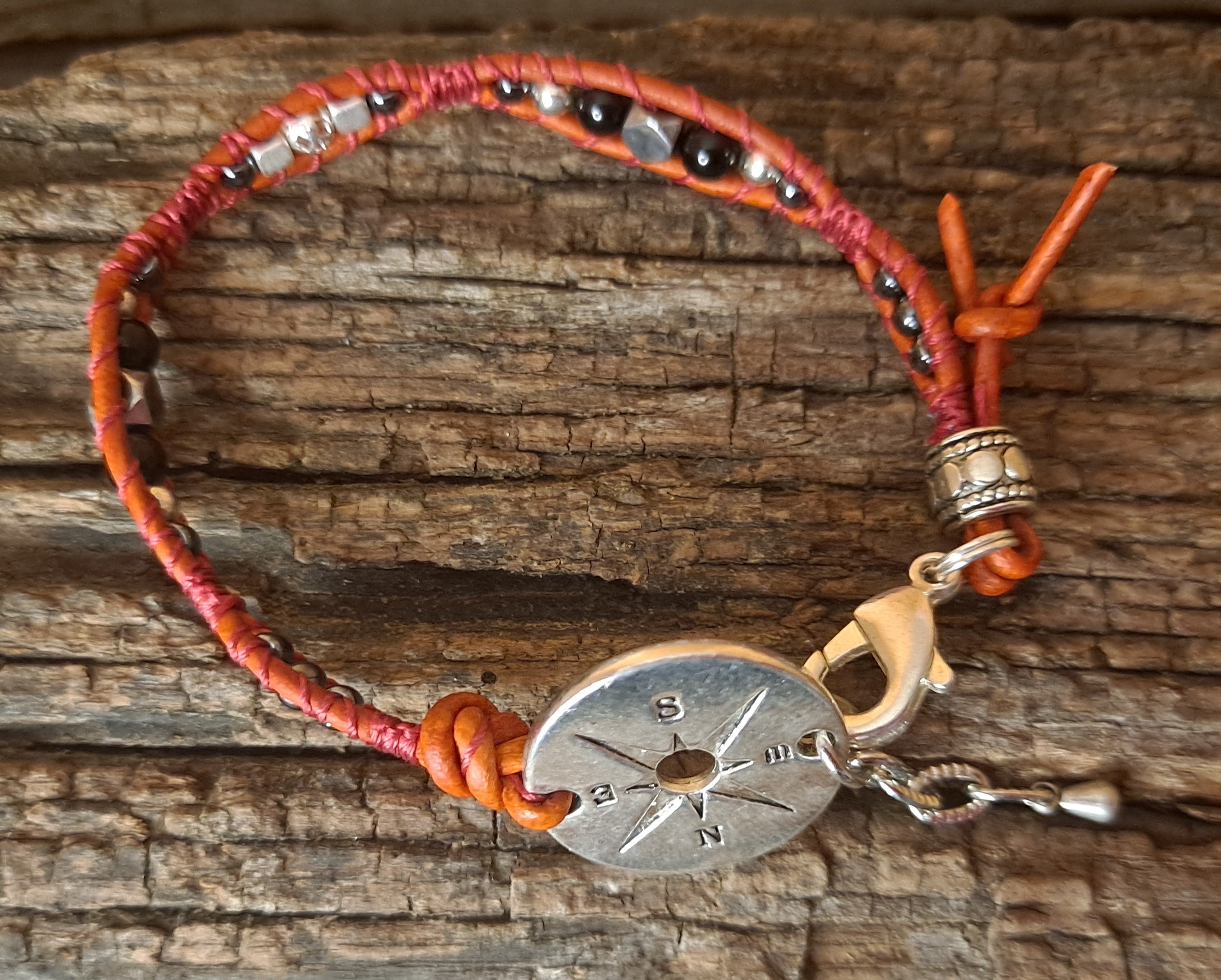 Bracelet Handmade, Single Wrap Leather Bracelet, Glass Beads (E36)