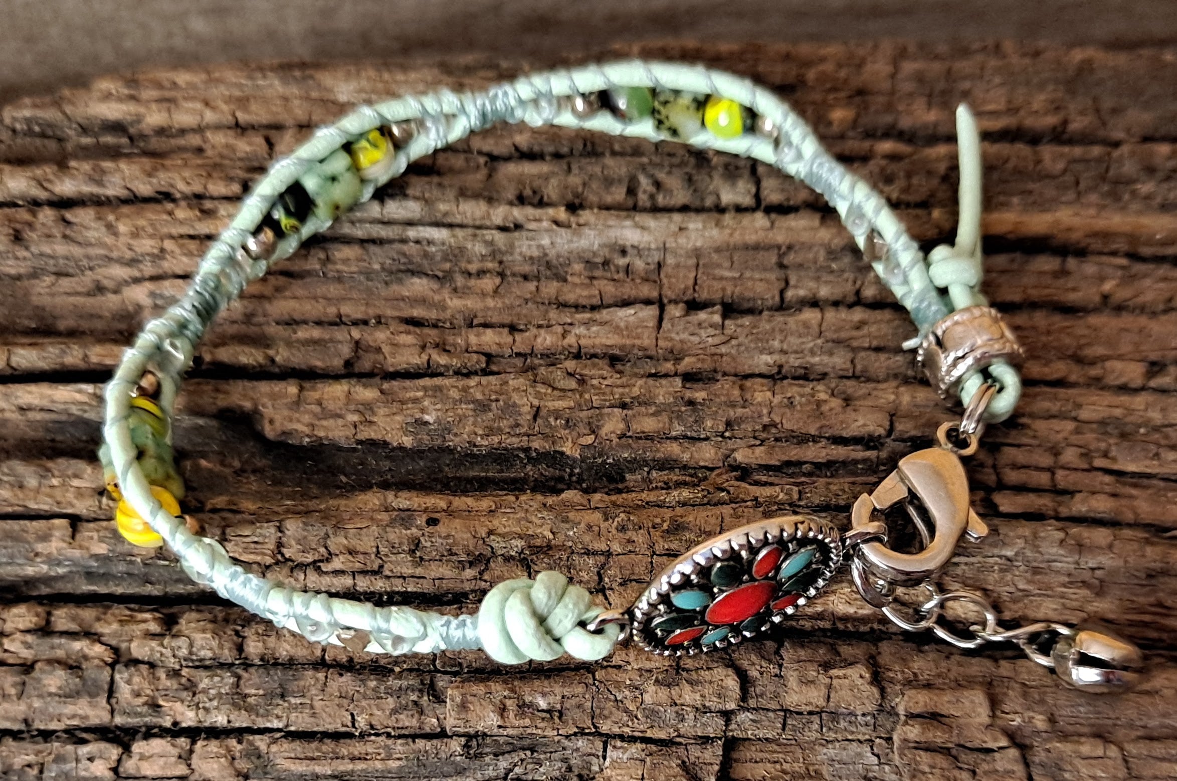 Bracelet Handmade, Single Wrap Leather Bracelet, Glass Beads (J53)