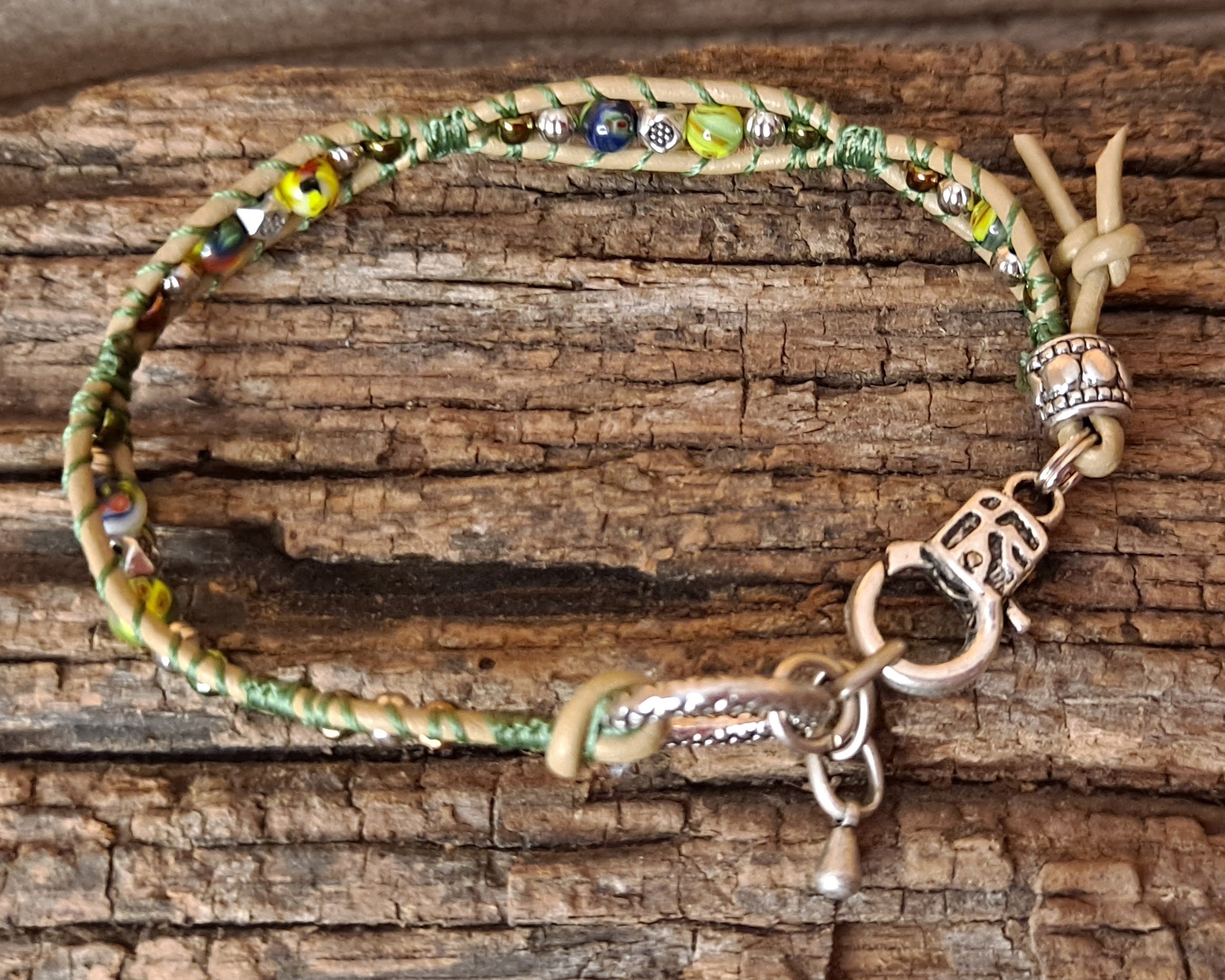 Bracelet Handmade, Single Wrap Leather Bracelet, Glass Beads (G2)