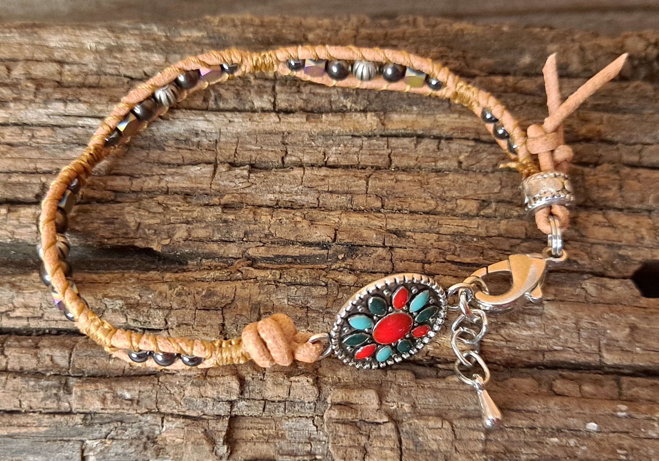 Bracelet Handmade, Single Wrap Leather Bracelet, Hematite Beads (J64)