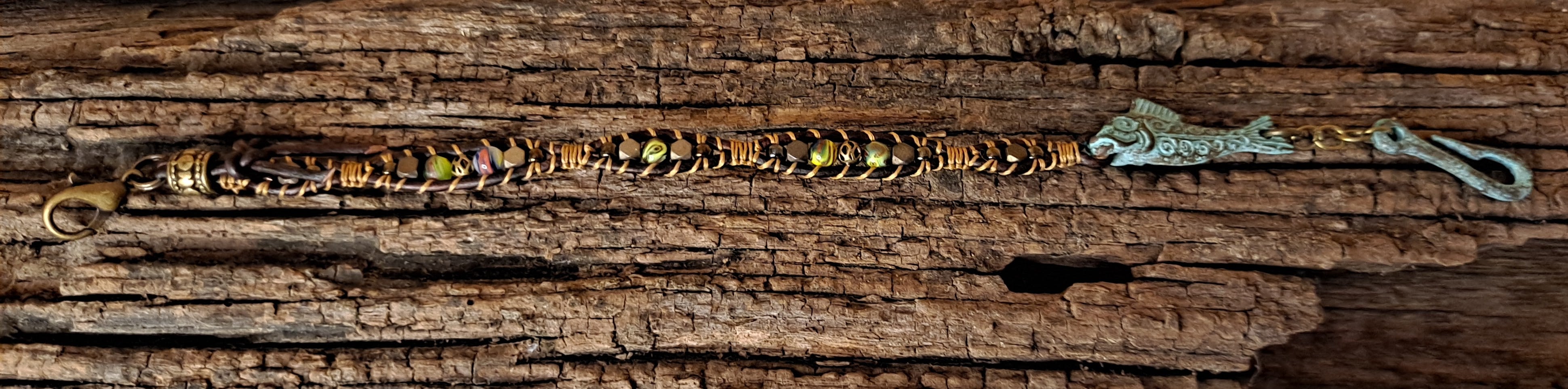 Bracelet Handmade, Single Wrap Leather Bracelet, Glass Beads (J56)