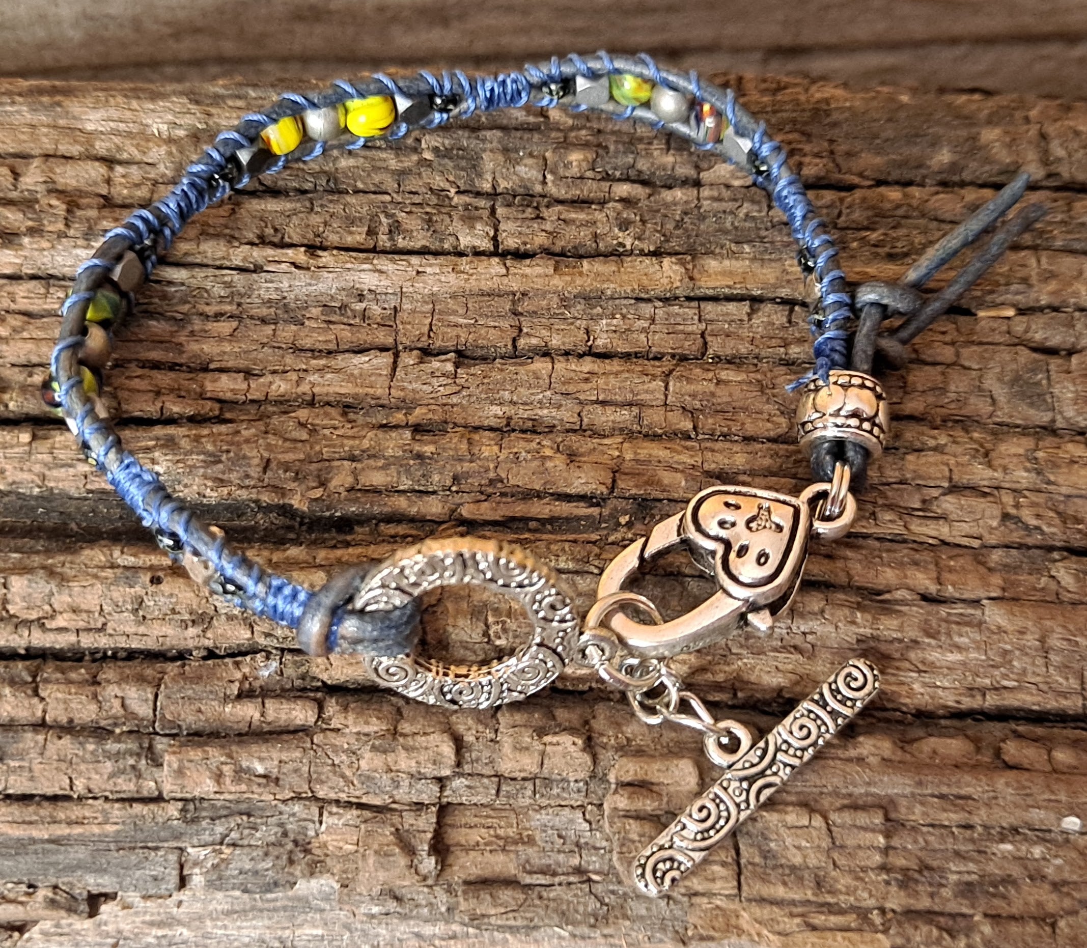 Bracelet Handmade, Single Wrap Leather Bracelet, Glass Beads (J54)