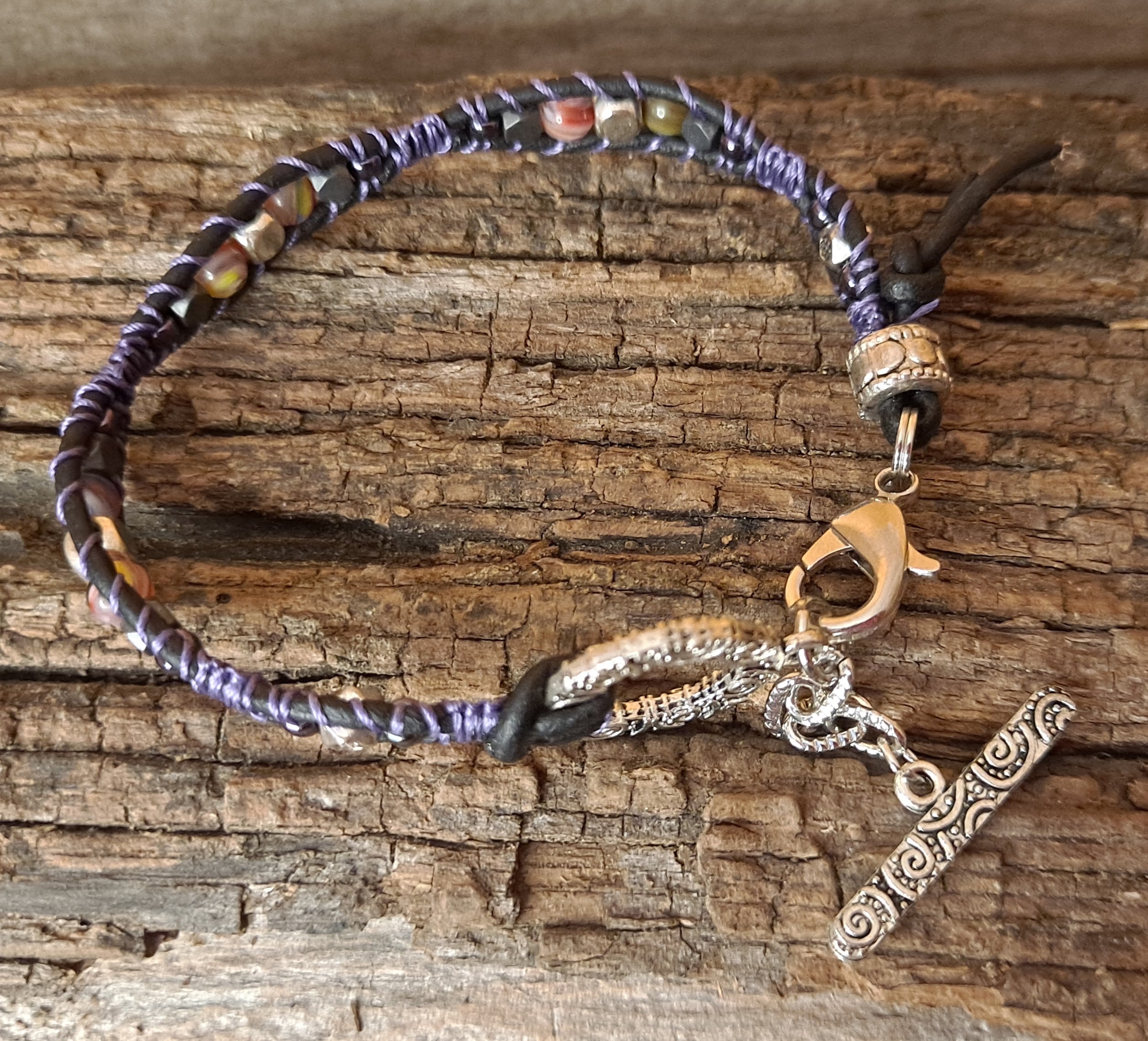 Bracelet Handmade, Single Wrap Leather Bracelet, Glass Beads (C49)