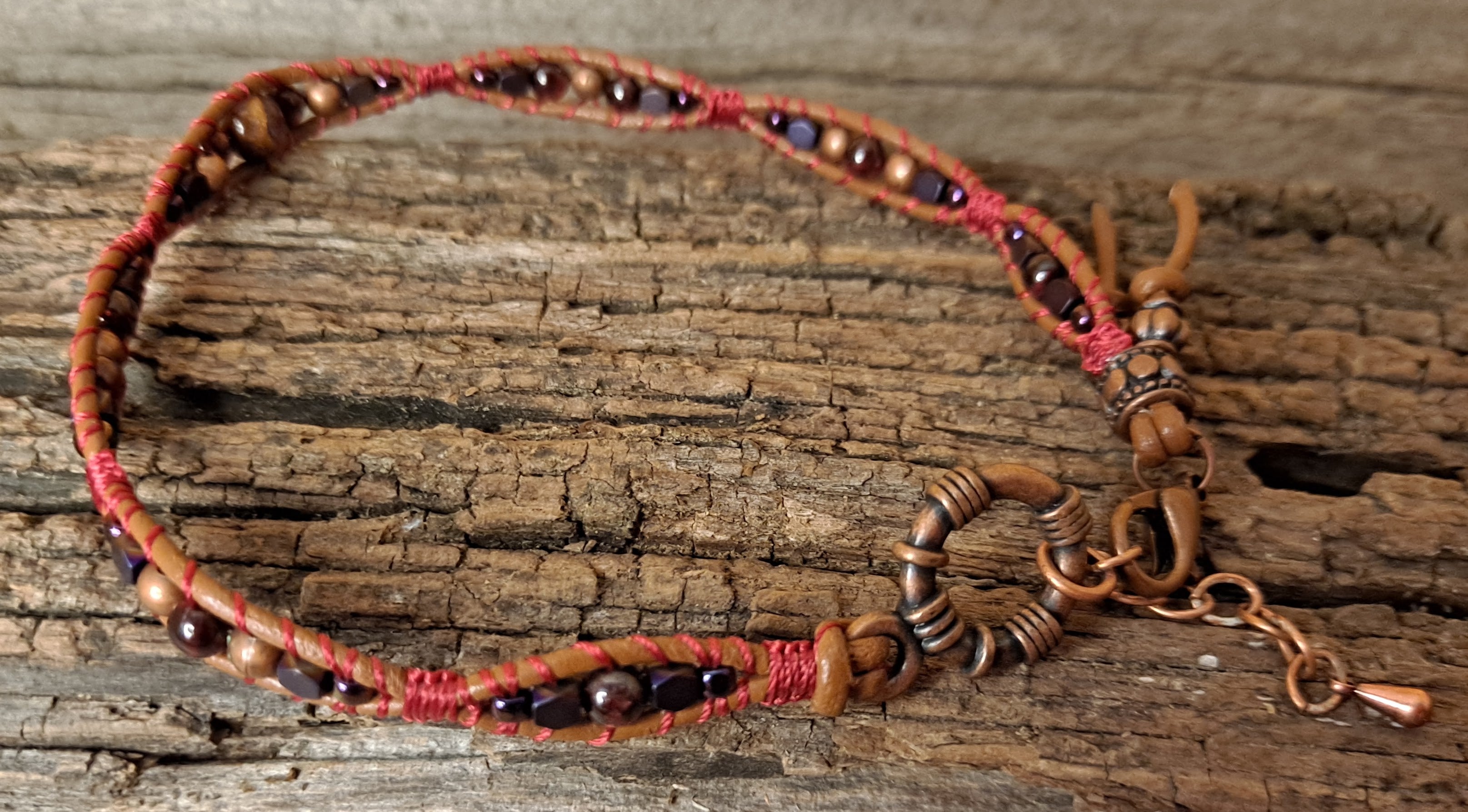 Anklet Handmade, Single Wrap Leather Anklet, Rhodolite Beads (J33)