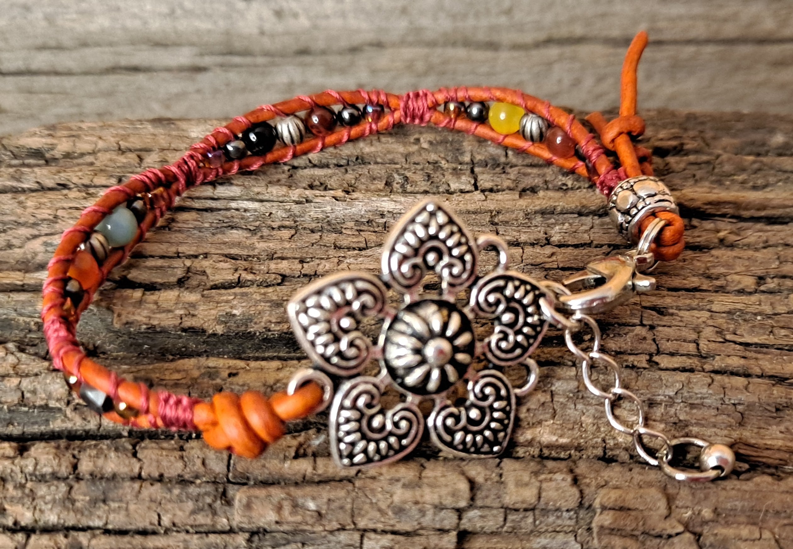 Bracelet Handmade, Single Wrap Leather Bracelet, Gemstone Mix Beads (A11)