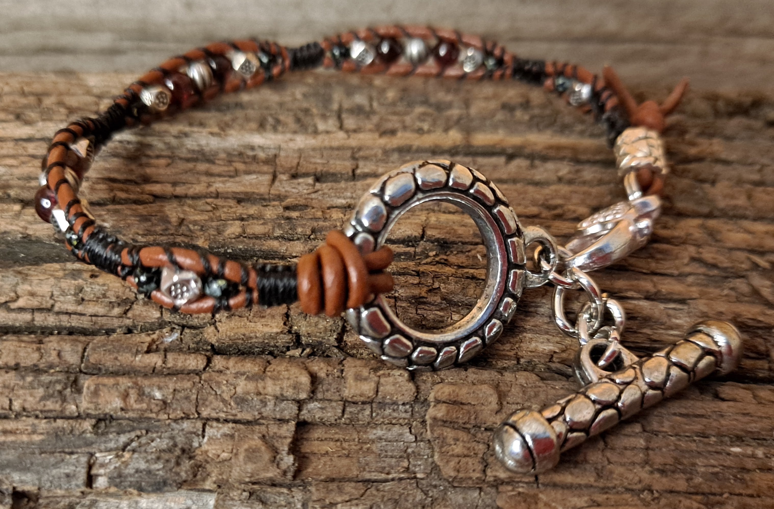 Bracelet Handmade, Single Wrap Leather Bracelet, Rhodolite Beads (EM59)