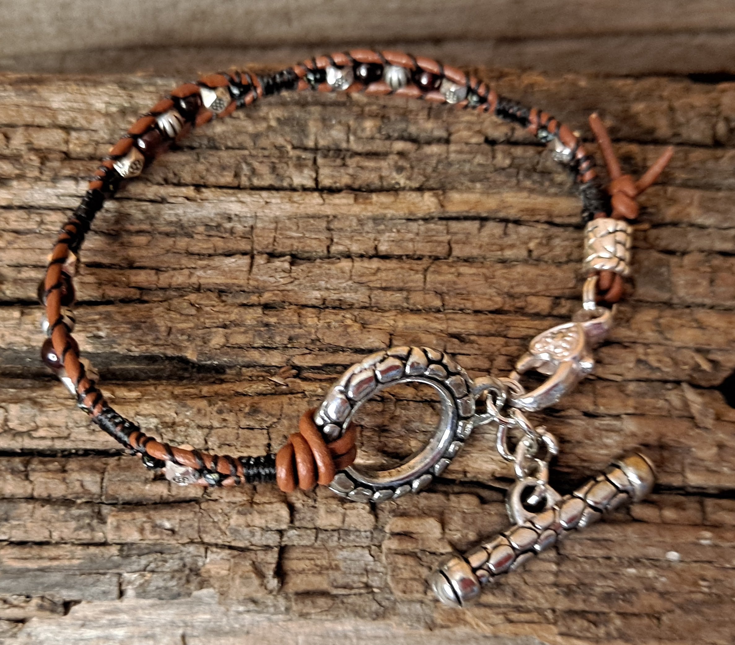 Bracelet Handmade, Single Wrap Leather Bracelet, Rhodolite Beads (EM59)