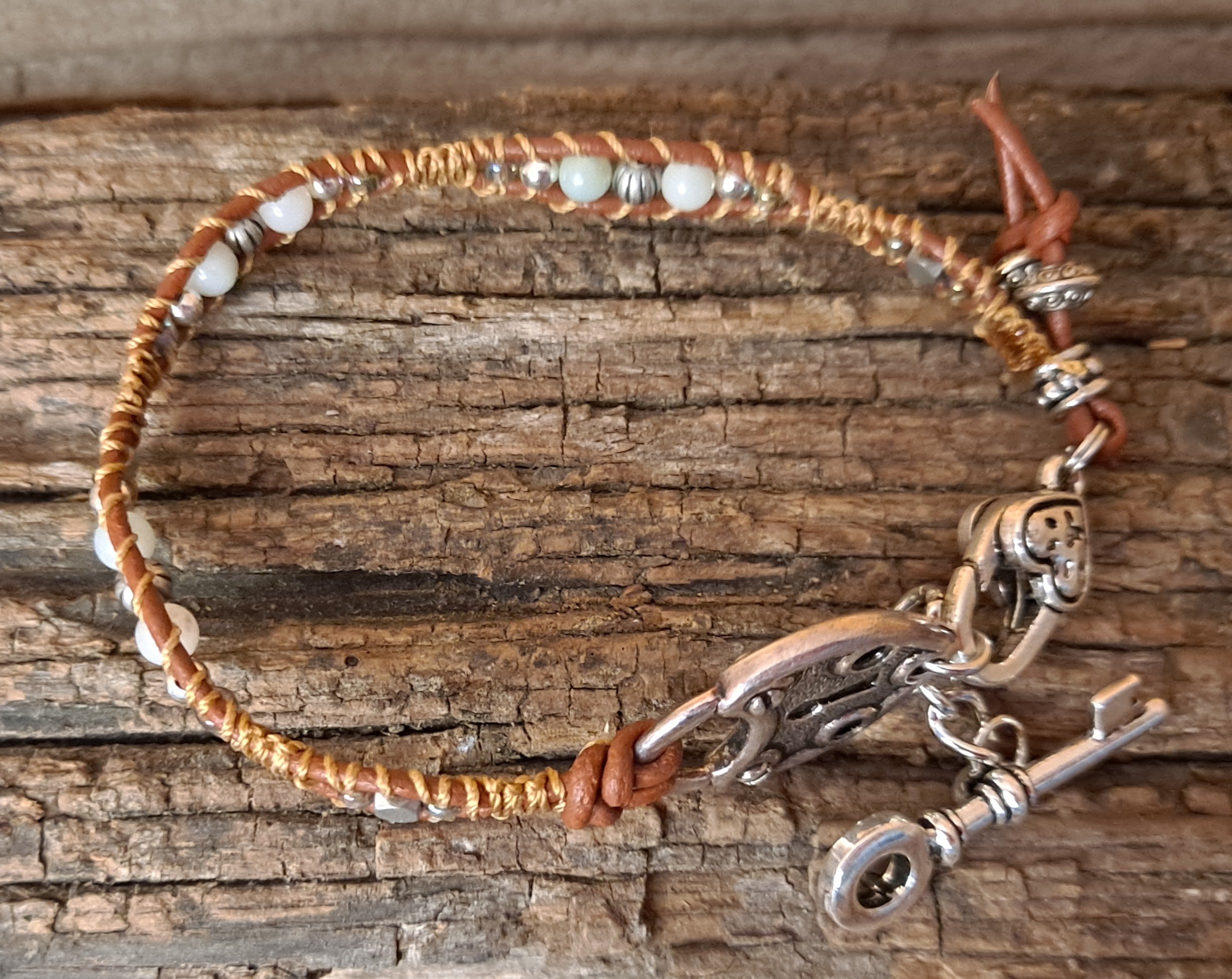 Bracelet Handmade, Single Wrap Leather Bracelet, Amazonite Beads (C31)