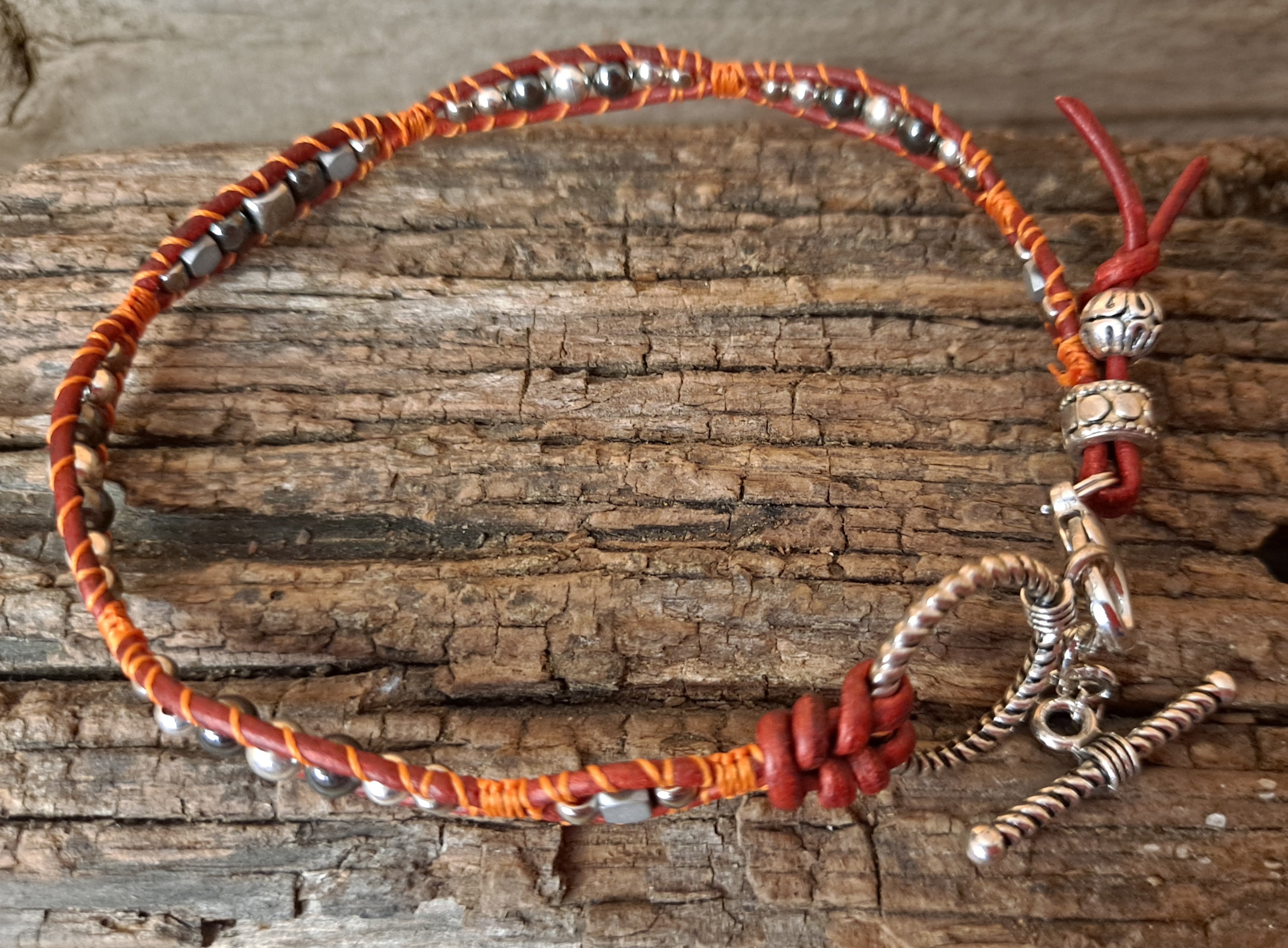 Anklet Handmade, Single Wrap Leather Anklet, Hematite Beads (D42)