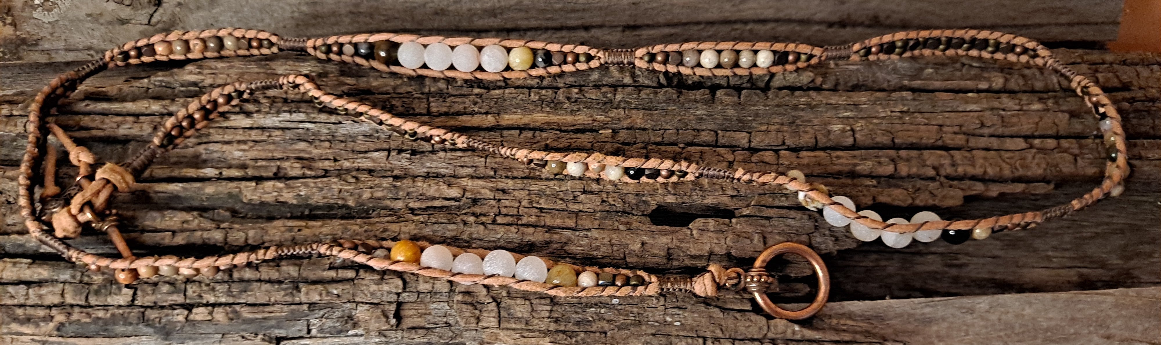 Bracelet Handmade, 4-Wrap Leather Bracelet, Agate, Jade, & Rhyolite Beads (H02)