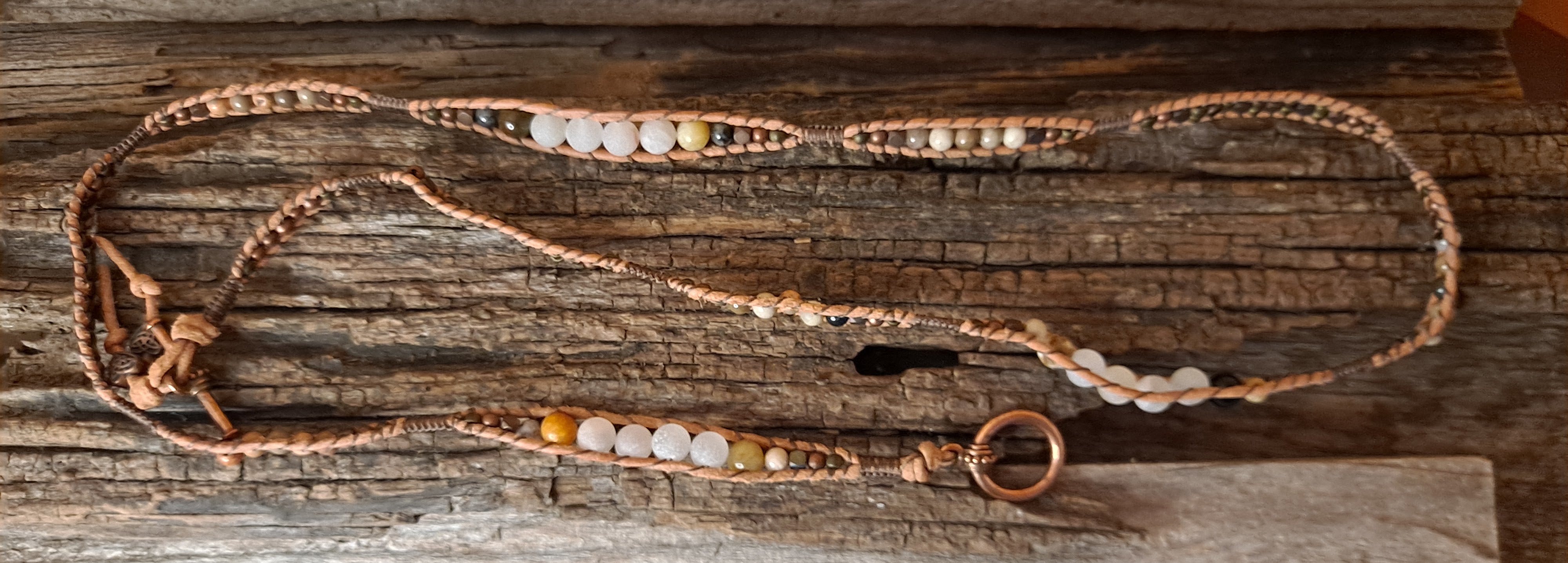 Bracelet Handmade, 4-Wrap Leather Bracelet, Agate, Jade, & Rhyolite Beads (H02)