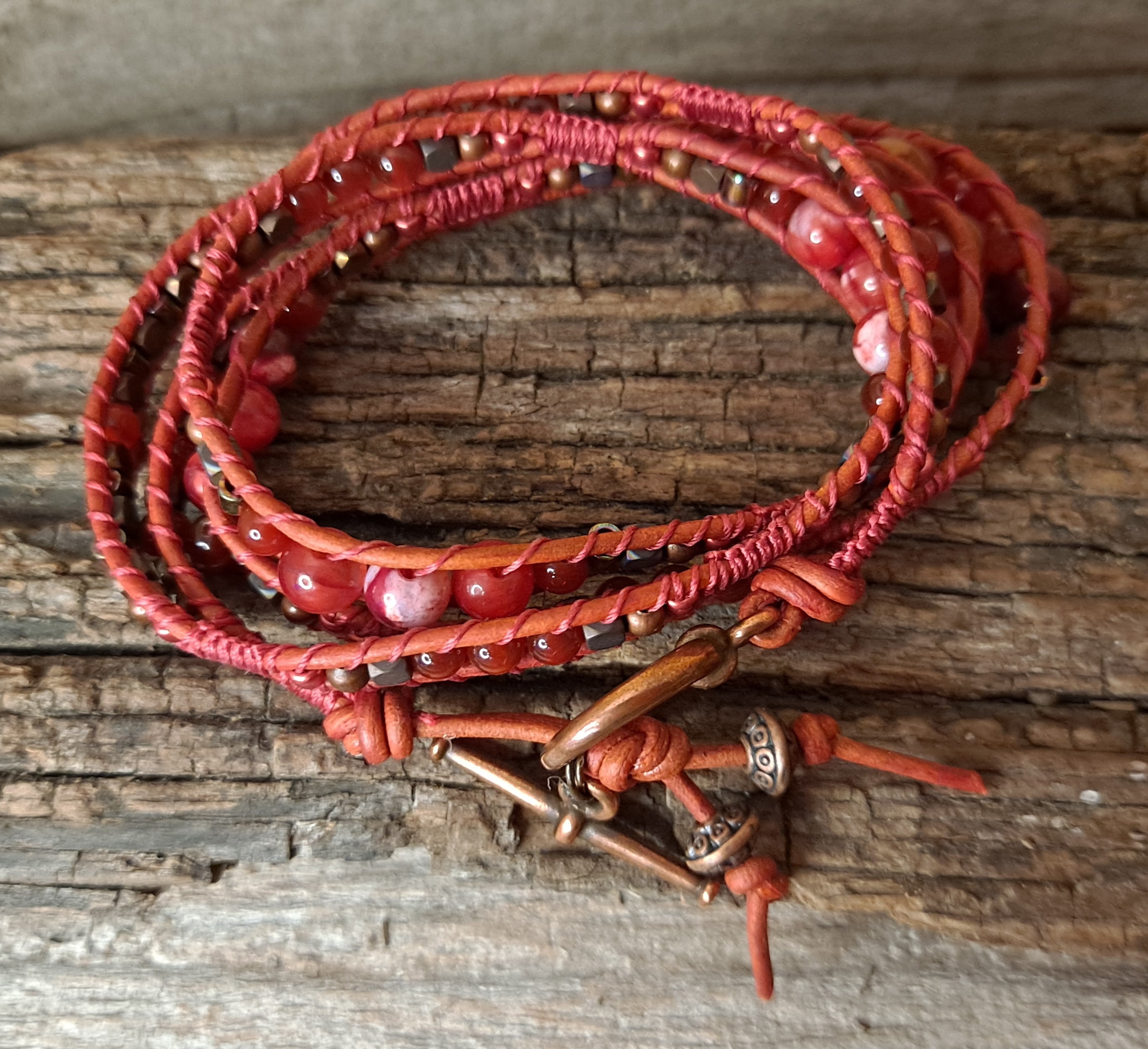 Bracelet Handmade, 4-Wrap Leather Bracelet, Carnelian Beads (H04)