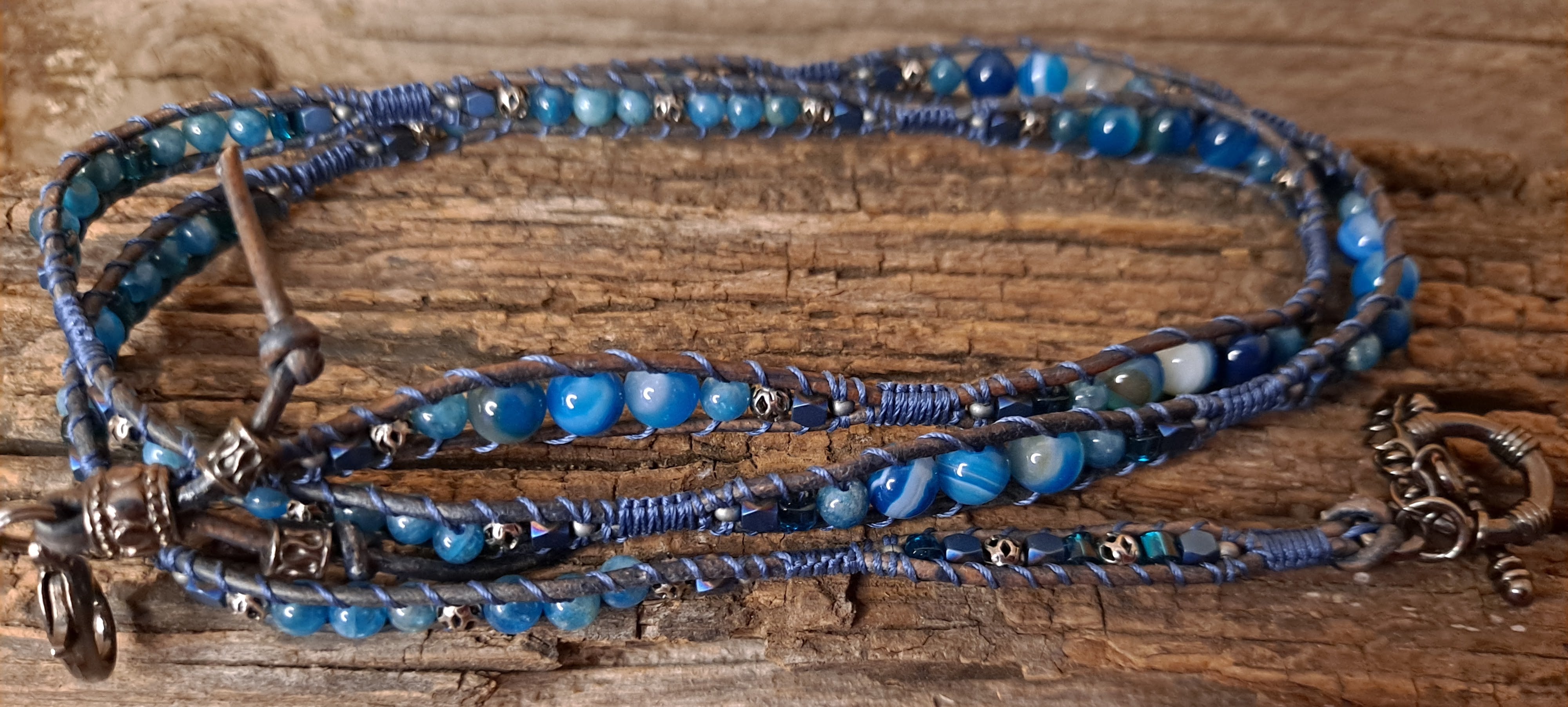 Bracelet Handmade, 4-Wrap Leather Bracelet, Agate Beads (H06)