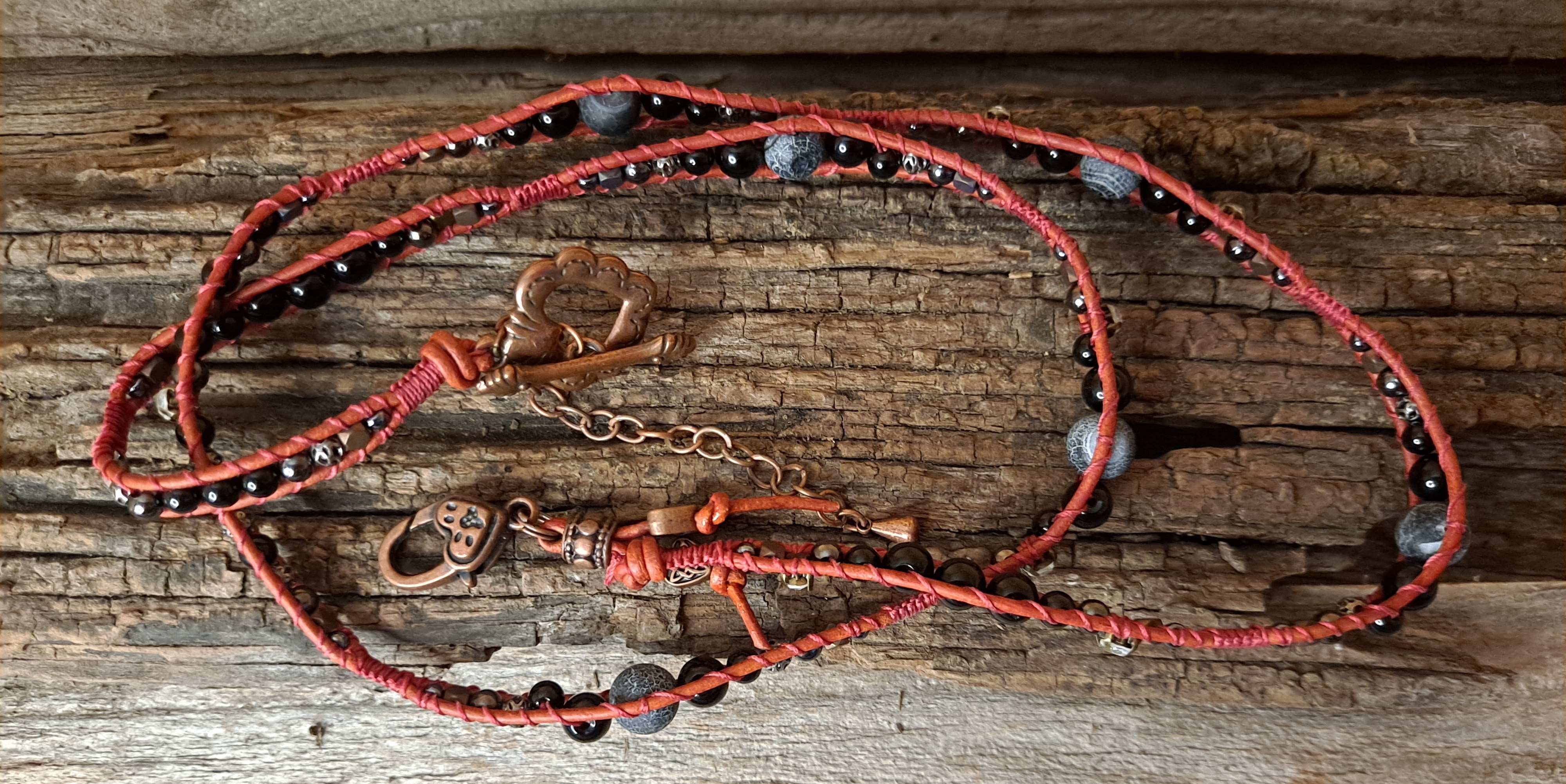 Bracelet Handmade, 4-Wrap Leather Bracelet, Onyx, Jasper, & Stone Beads (E07)