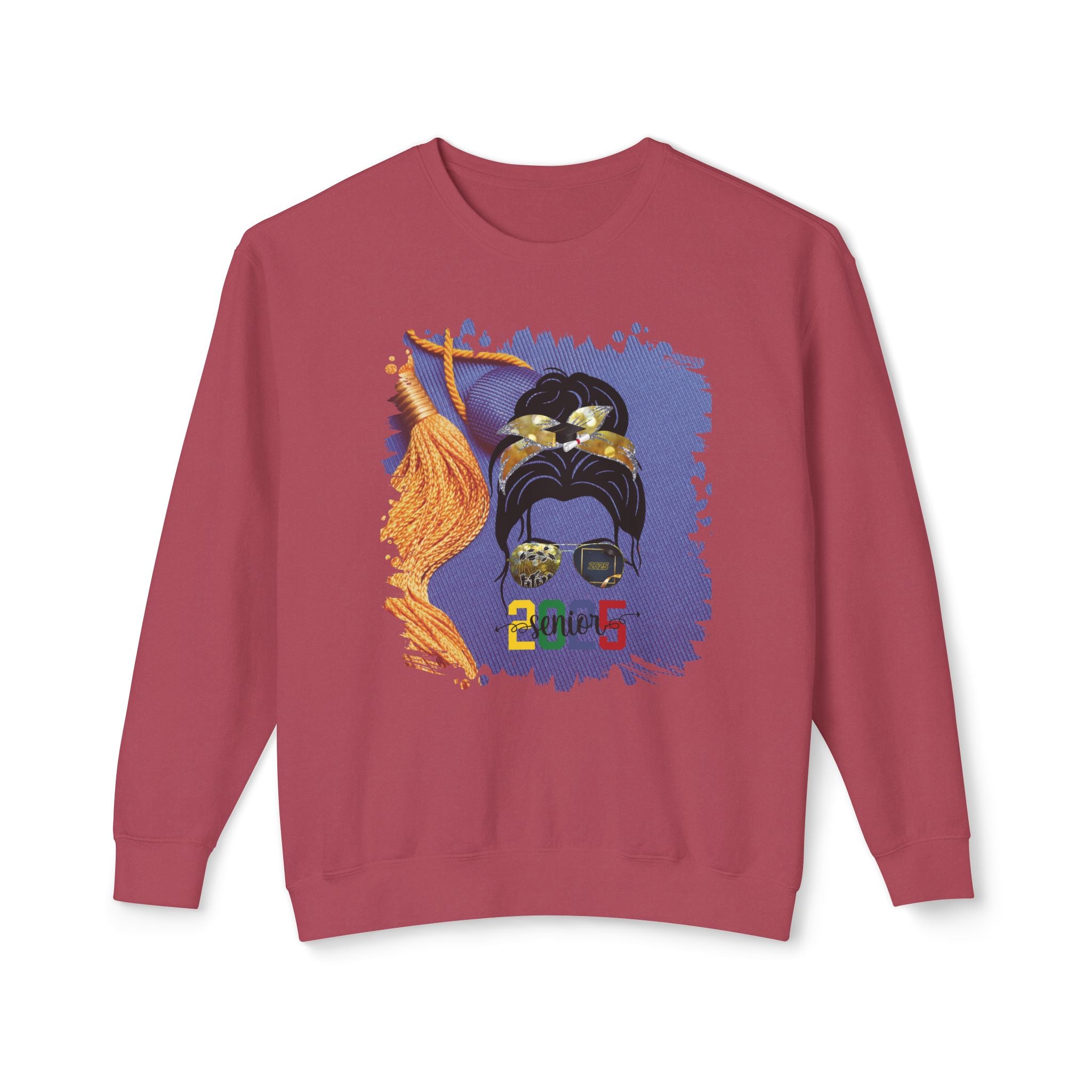 Senior 2025 Colorful, Graduation Cap, Dark Hair Messy Bun, Unisex Lightweight Crewneck Sweatshirt
