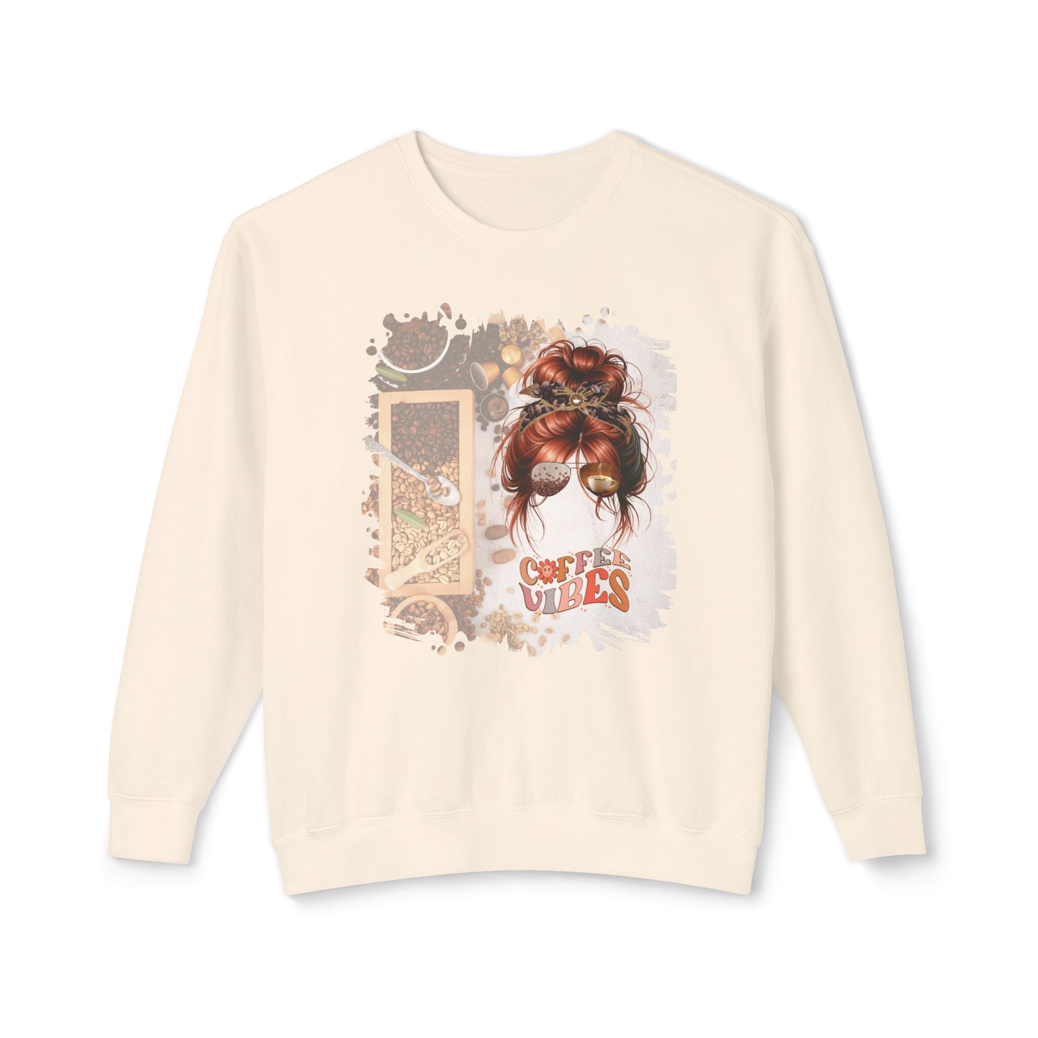 Coffee Vibes, Coffee Beans Variety, Red Hair Messy Bun, Unisex Lightweight Crewneck Sweatshirt
