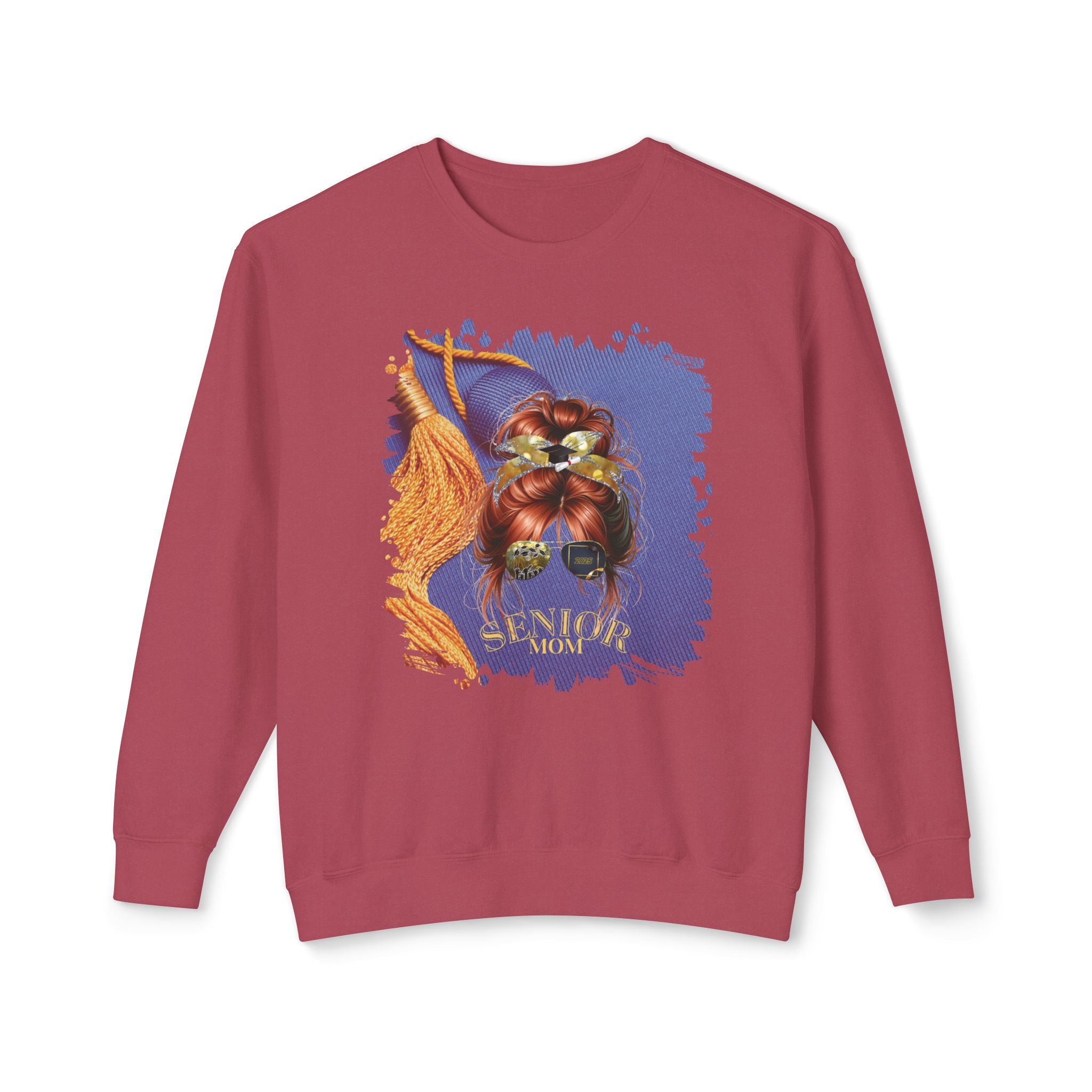 Senior Mom, Graduation Cap, Red Hair Messy Bun, Unisex Lightweight Crewneck Sweatshirt