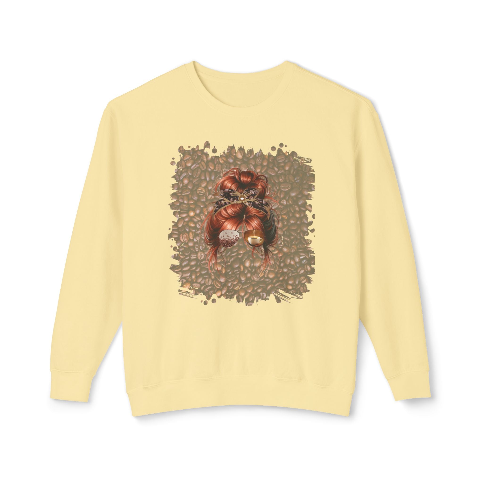 Coffee Beans, Red Hair Messy Bun, Unisex Lightweight Crewneck Sweatshirt