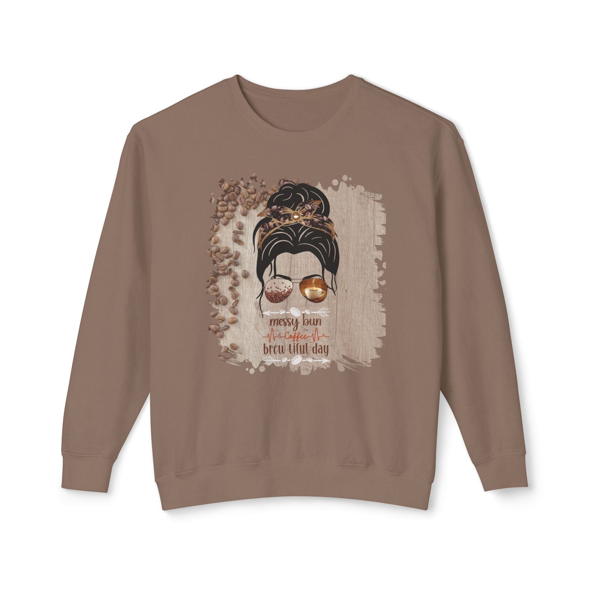 Coffee Heartbeat, Coffee Beans Table, Dark Hair Messy Bun, Unisex Lightweight Crewneck Sweatshirt