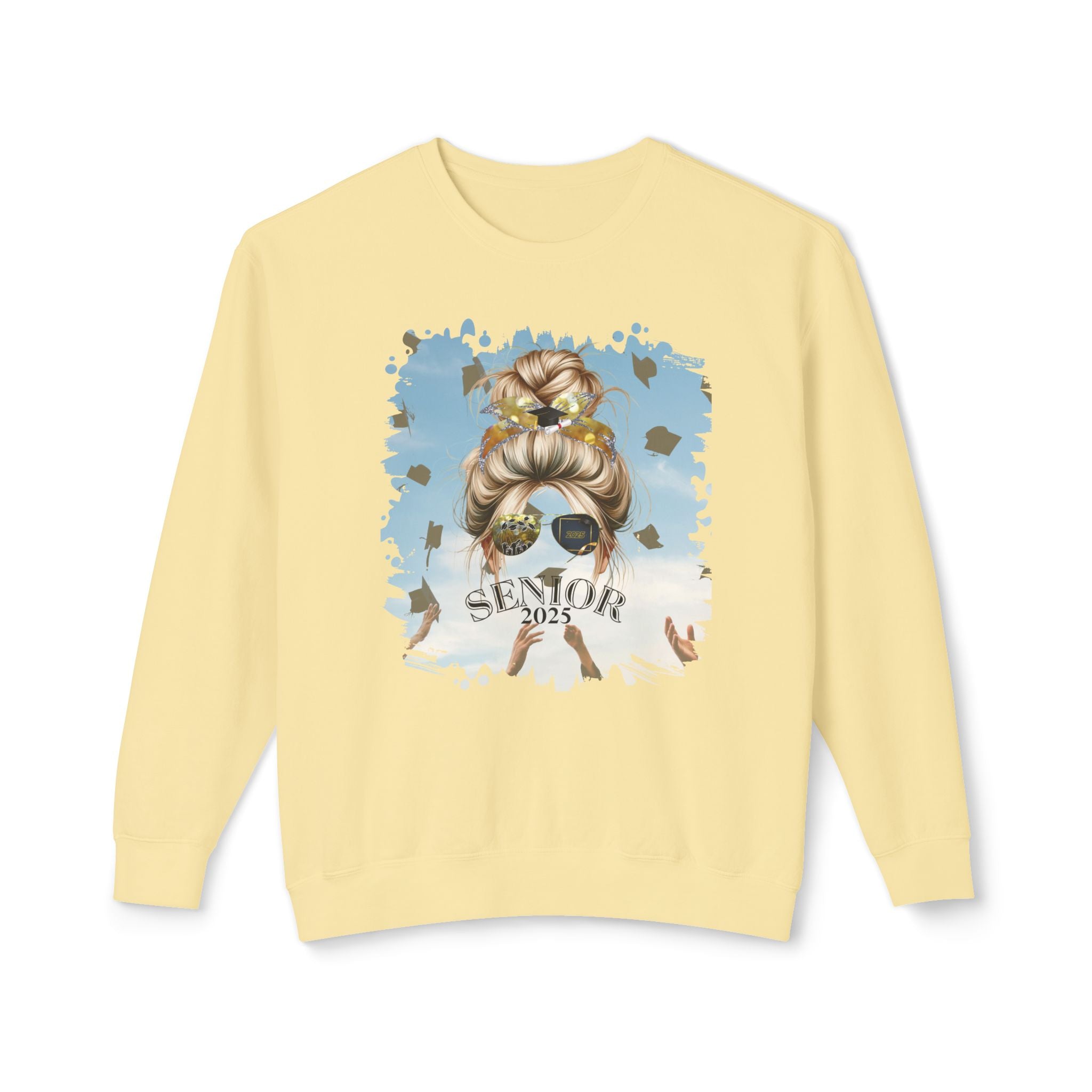 Senior 2025, Celebration, Blond Hair Messy Bun, Unisex Lightweight Crewneck Sweatshirt