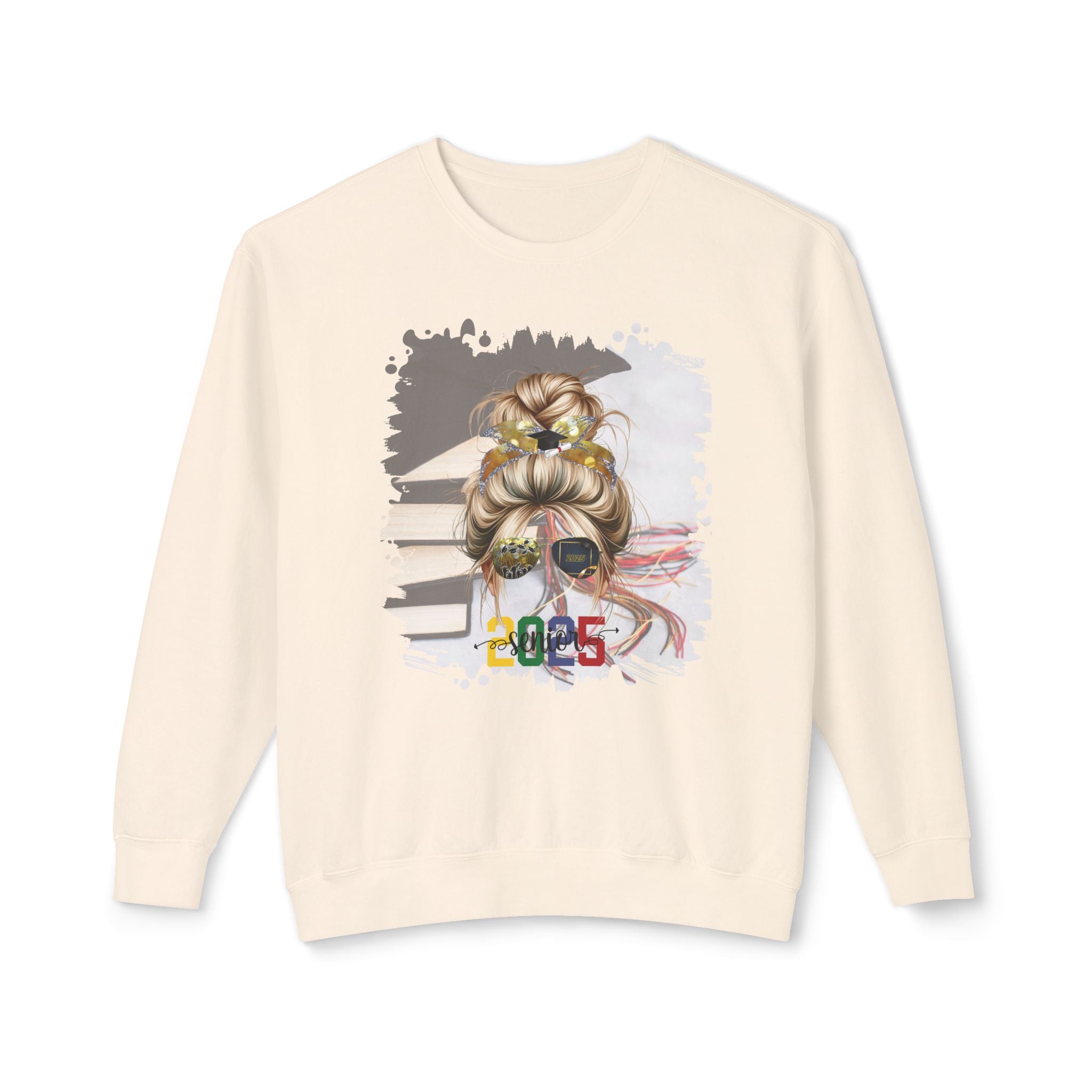 Senior 2025 Colorful, Cap & Books, Blond Hair Messy Bun, Unisex Lightweight Crewneck Sweatshirt