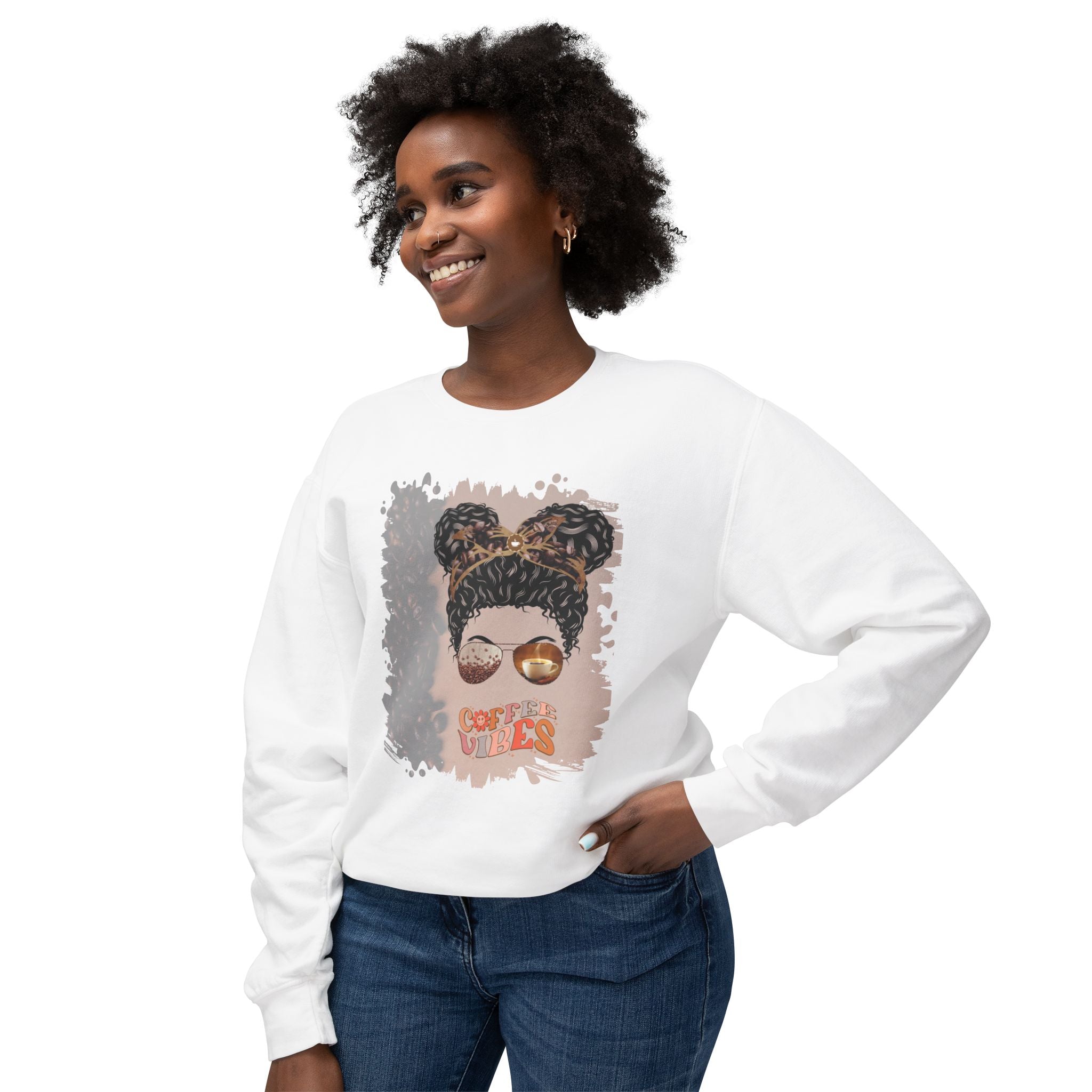 Coffee Vibes, Coffee Beans Shade, Black Hair Messy Bun, Unisex Lightweight Crewneck Sweatshirt