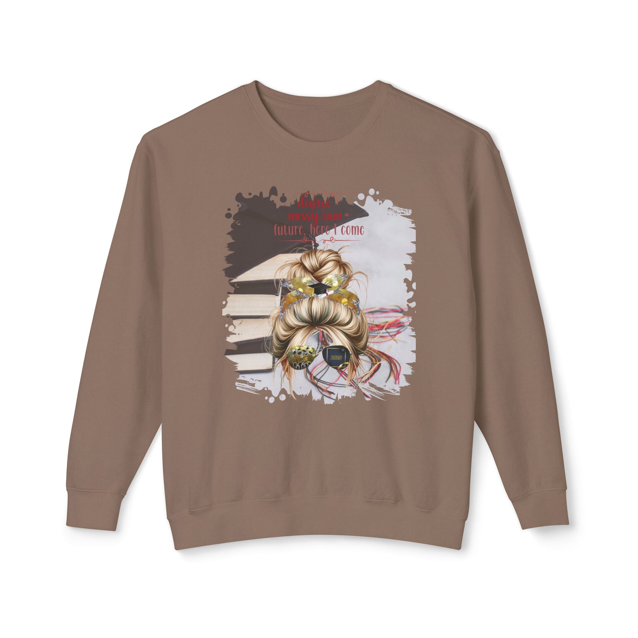 Degree + Messy Bun, Cap & Books, Blond Hair Messy Bun, Unisex Lightweight Crewneck Sweatshirt