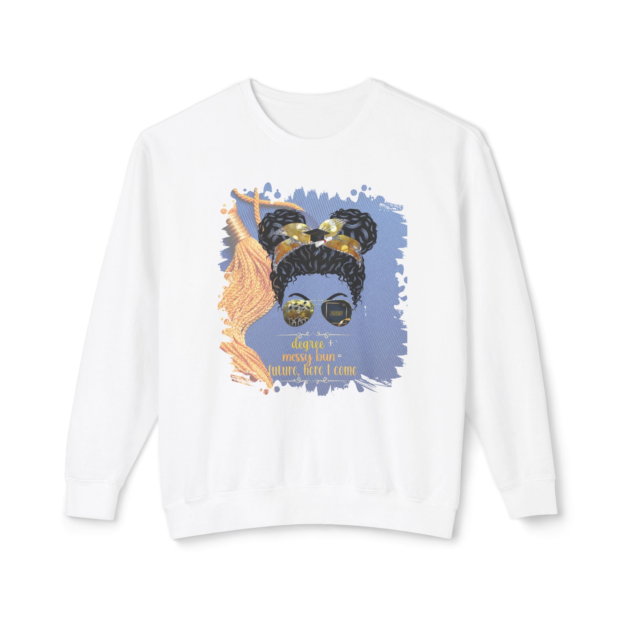 Degree + Messy Bun, Graduation Cap, Black Hair Messy Bun, Unisex Lightweight Crewneck Sweatshirt